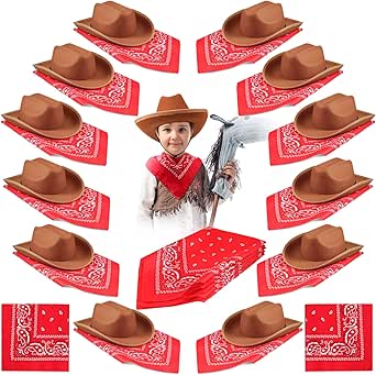 24 Pcs Kids Cowboy Hat with Red Bandanna Sets for Dress Up