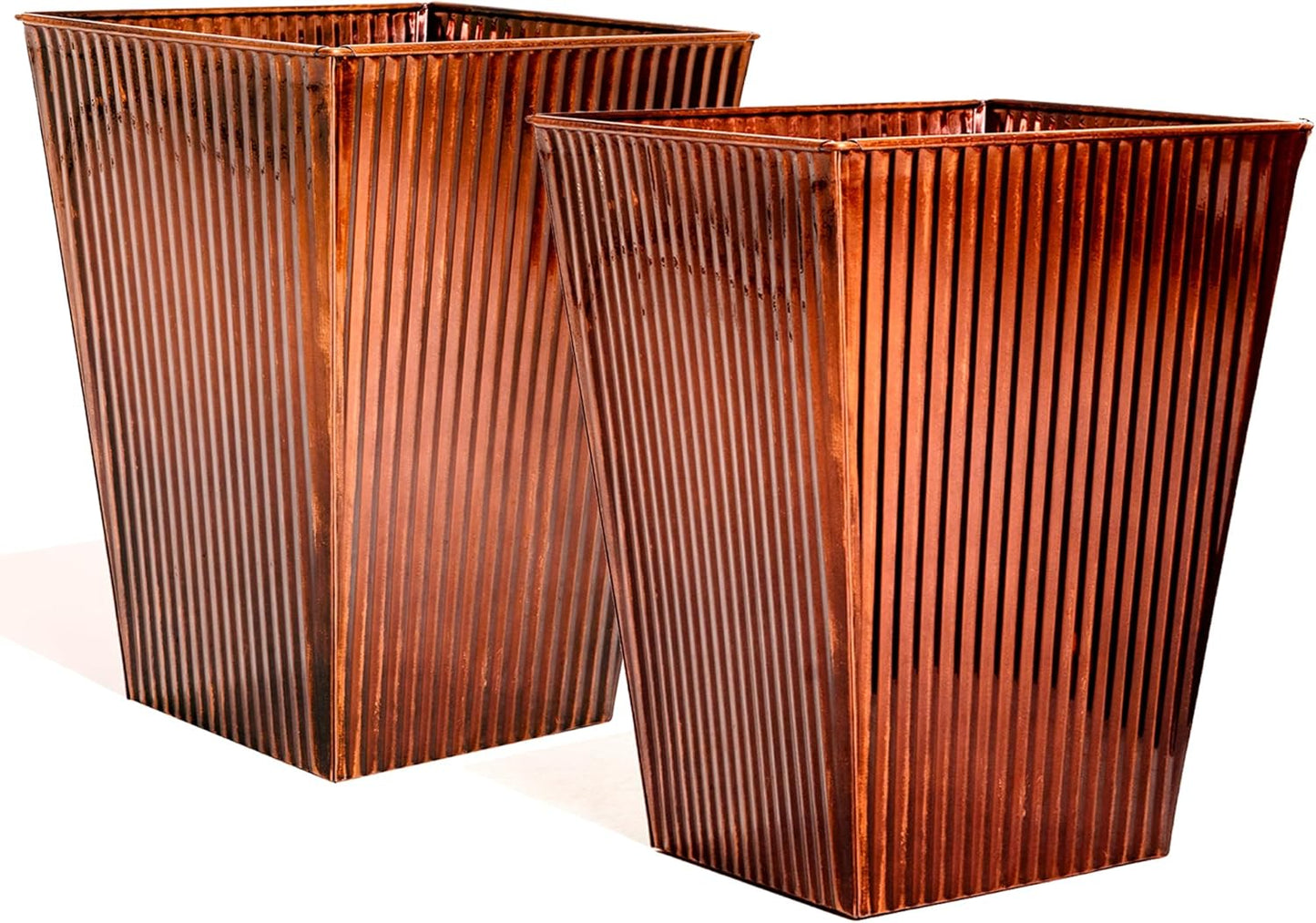 18in Vintage Handmade Metal Vertical Lines Copper Tapered Planters
