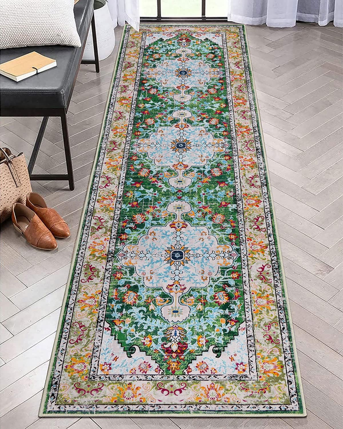 Boho Hallway Runner Rug 2ft x 8ft Non Slip Vintage Accent Carpet