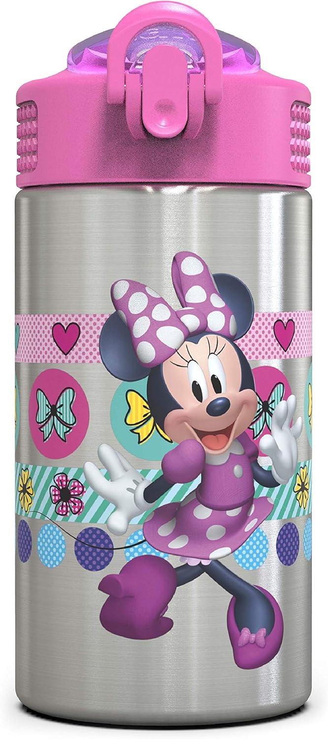 Disney Minnie's Happy Helpers Steel Bottle - One-Hand Action Lid, Straw Spout, BPA-Free
