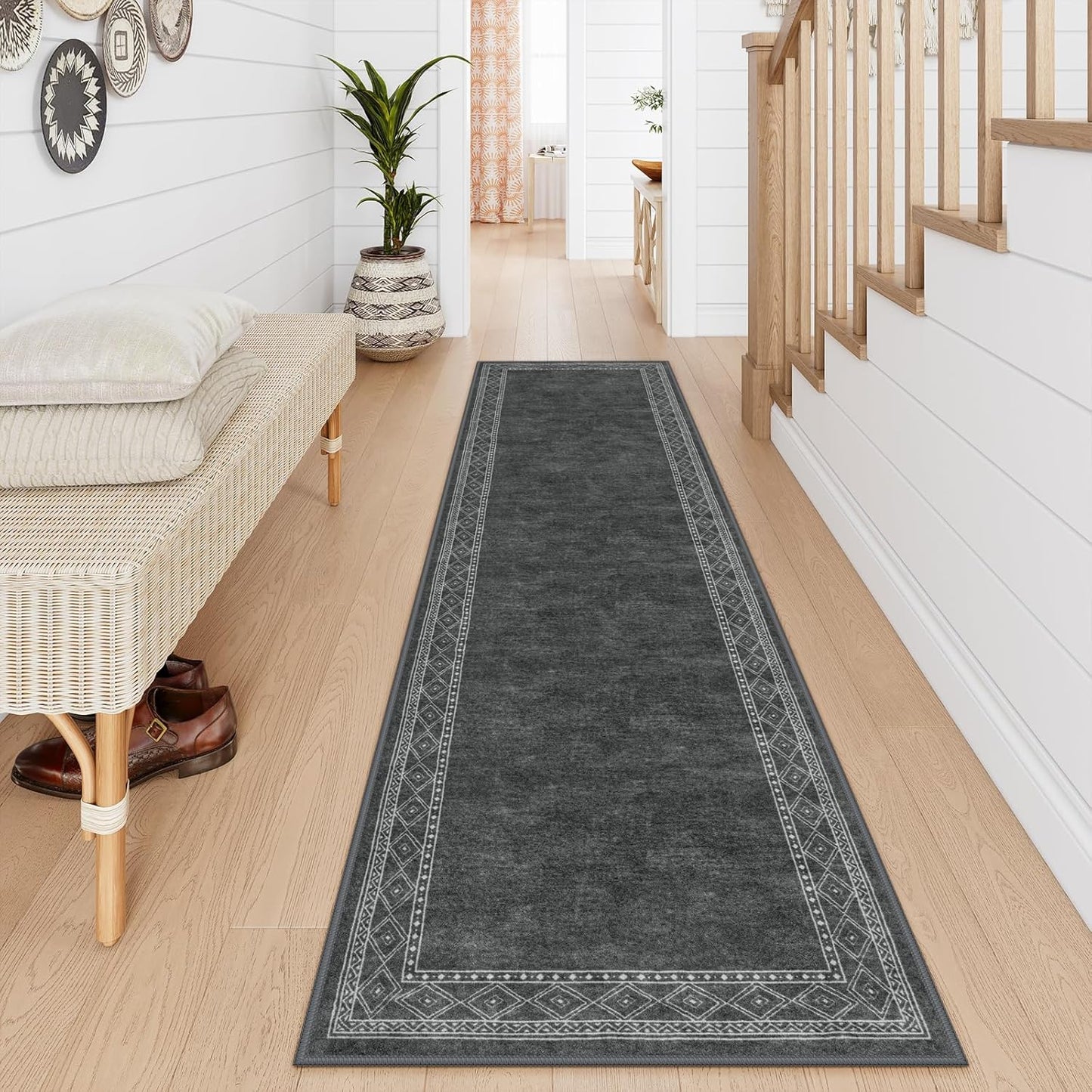 Lahome Modern Bordered Washable Runners for Hallways, Gray