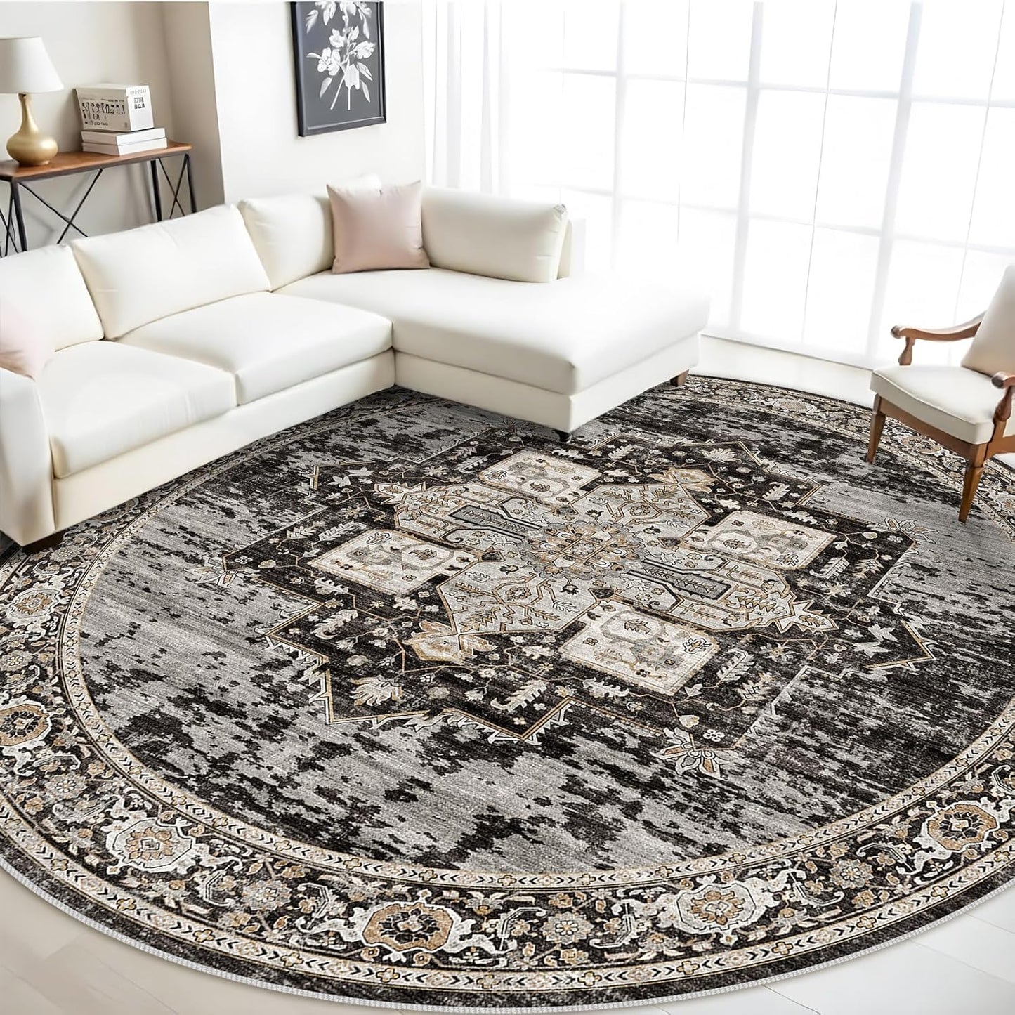 RUUGME 9ft Round Rug - Large Boho Vintage Tribal Carpet