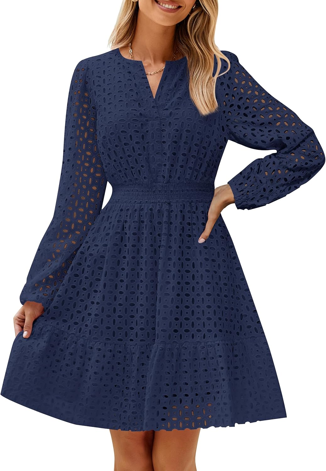 ZESICA Women's Long Sleeve Mini Dress with Eyelet Embroidery