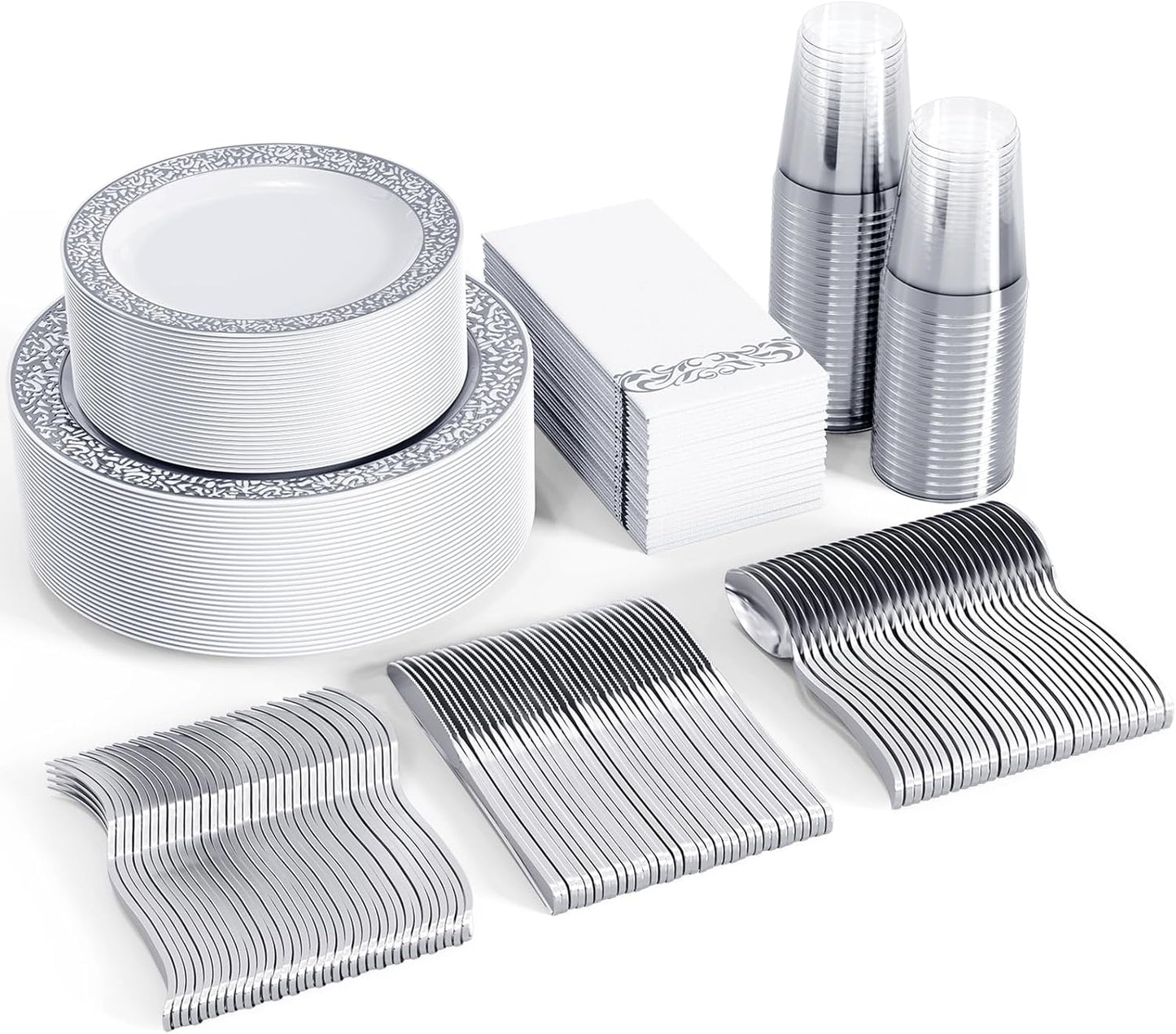 FOCUSLINE 350 Ct Silver Dinnerware Set for 50 Guests, Heavy Duty