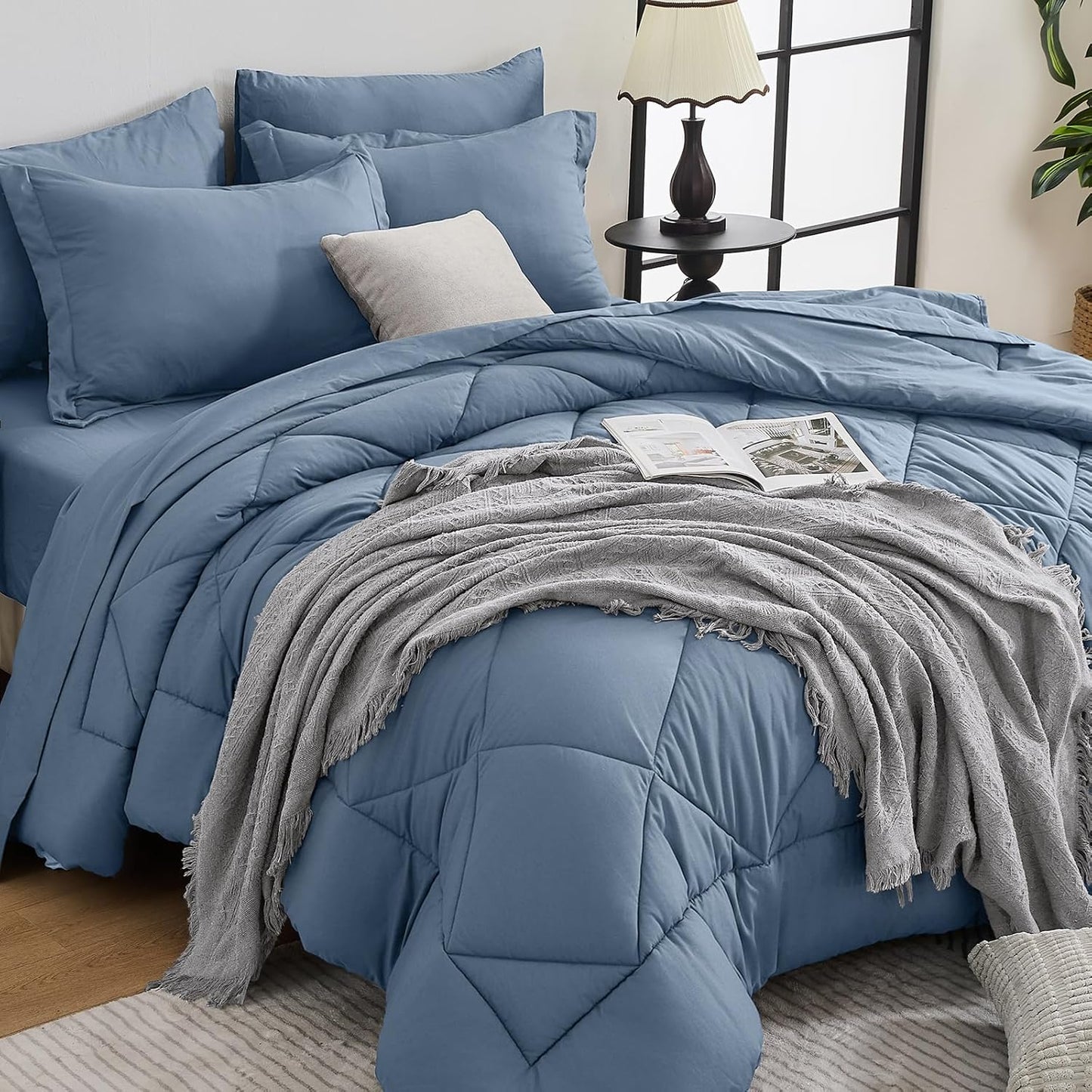 HEVUMYI Dusty Blue Cali-King Comforter Set - 7-Piece All Season