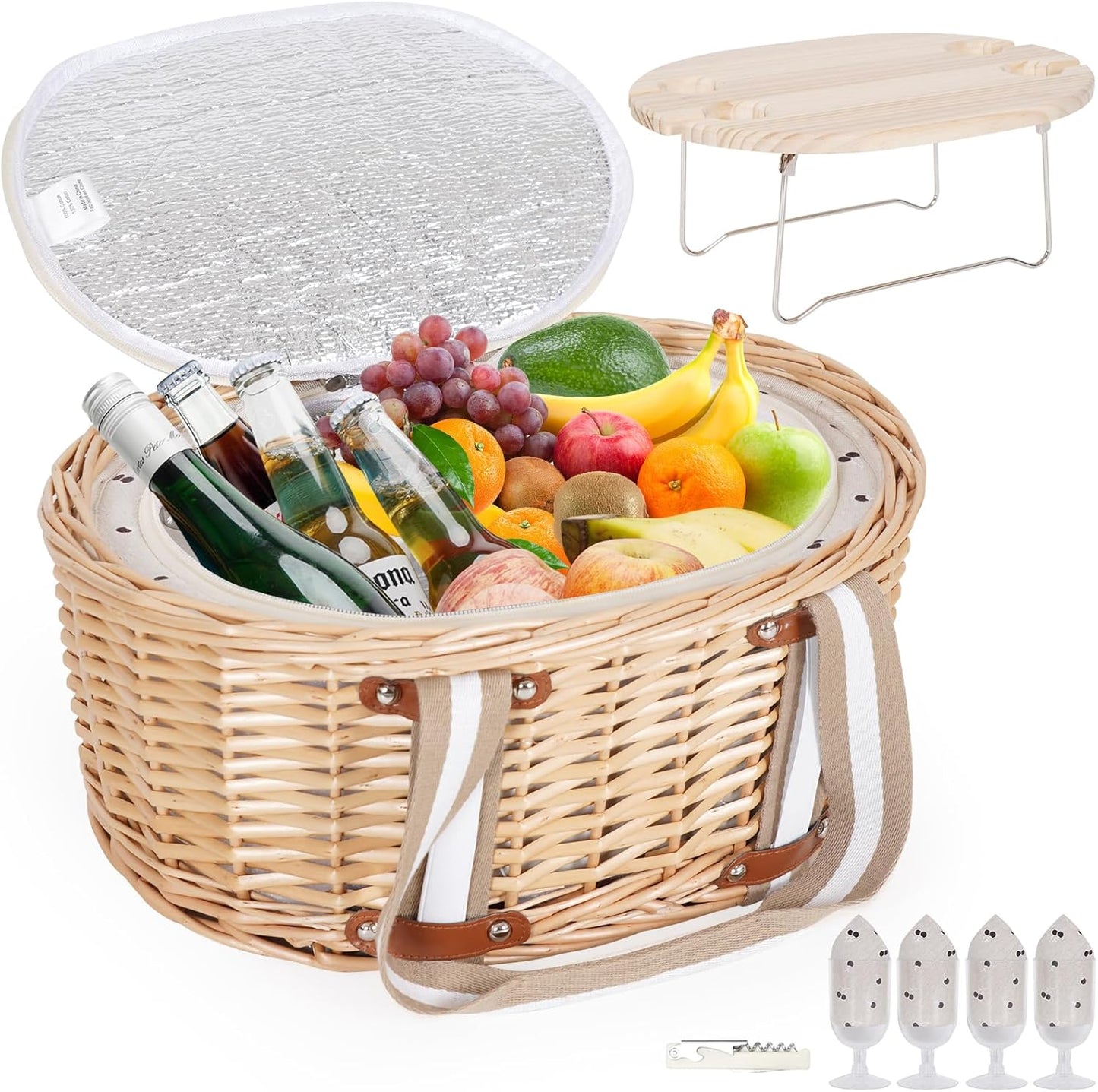 Picnic Basket Set for 4 - Wicker Insulated with Wine Table