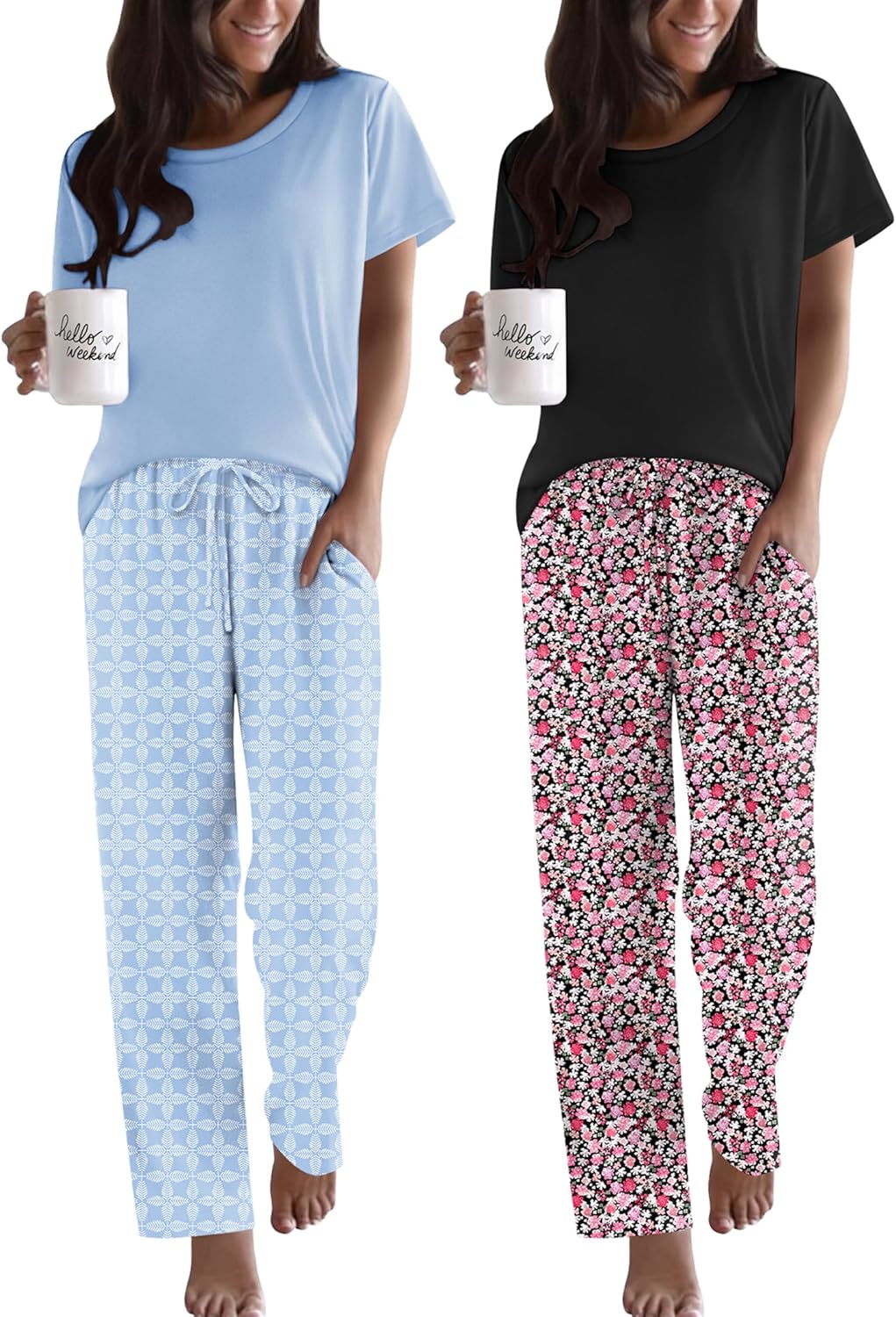 Ekouaer 2 Pack Pajamas for Women Soft Printed Sleepwear Set