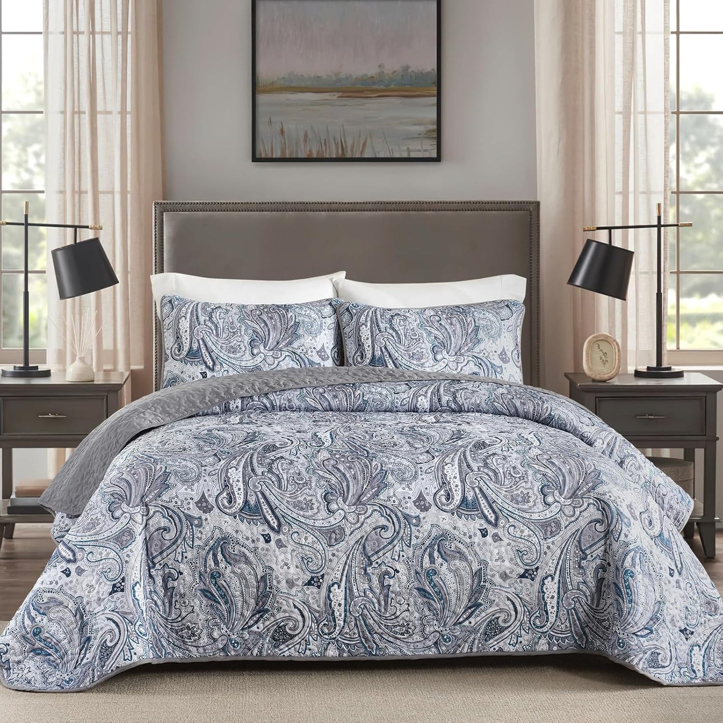 DJY Grey Quilt Set Queen Size Boho Bedspread Coverlet Set