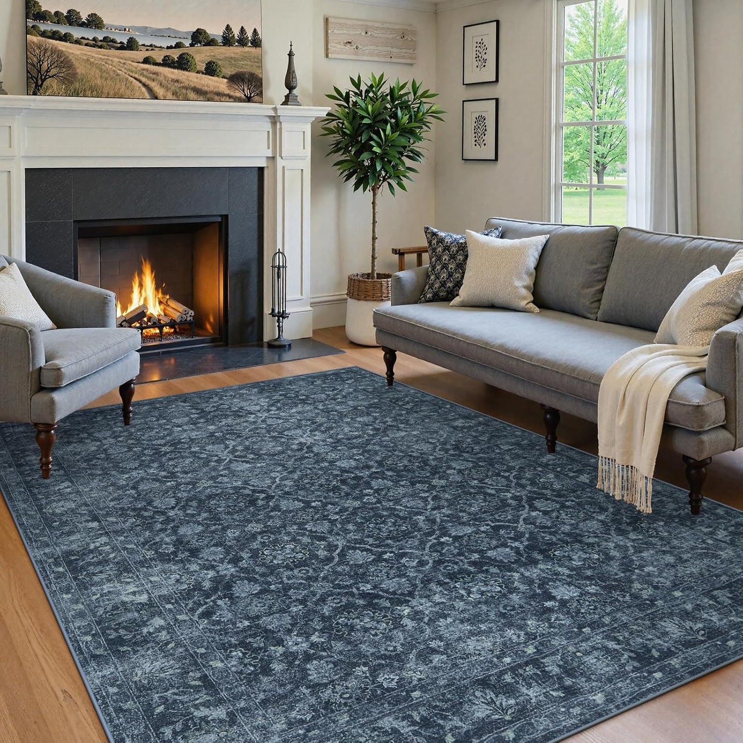 Vintage Navy Blue Rugs for Bedroom - Washable 5x7 Moroccan Rug