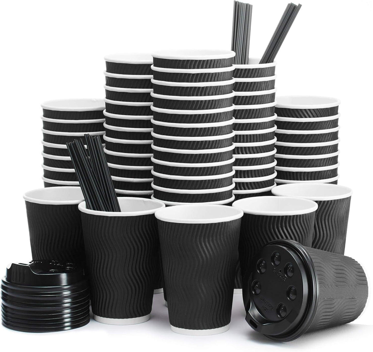 100 Pack 12oz Insulated Coffee Cups with Lids & Straws - Hot Drinks on the Go