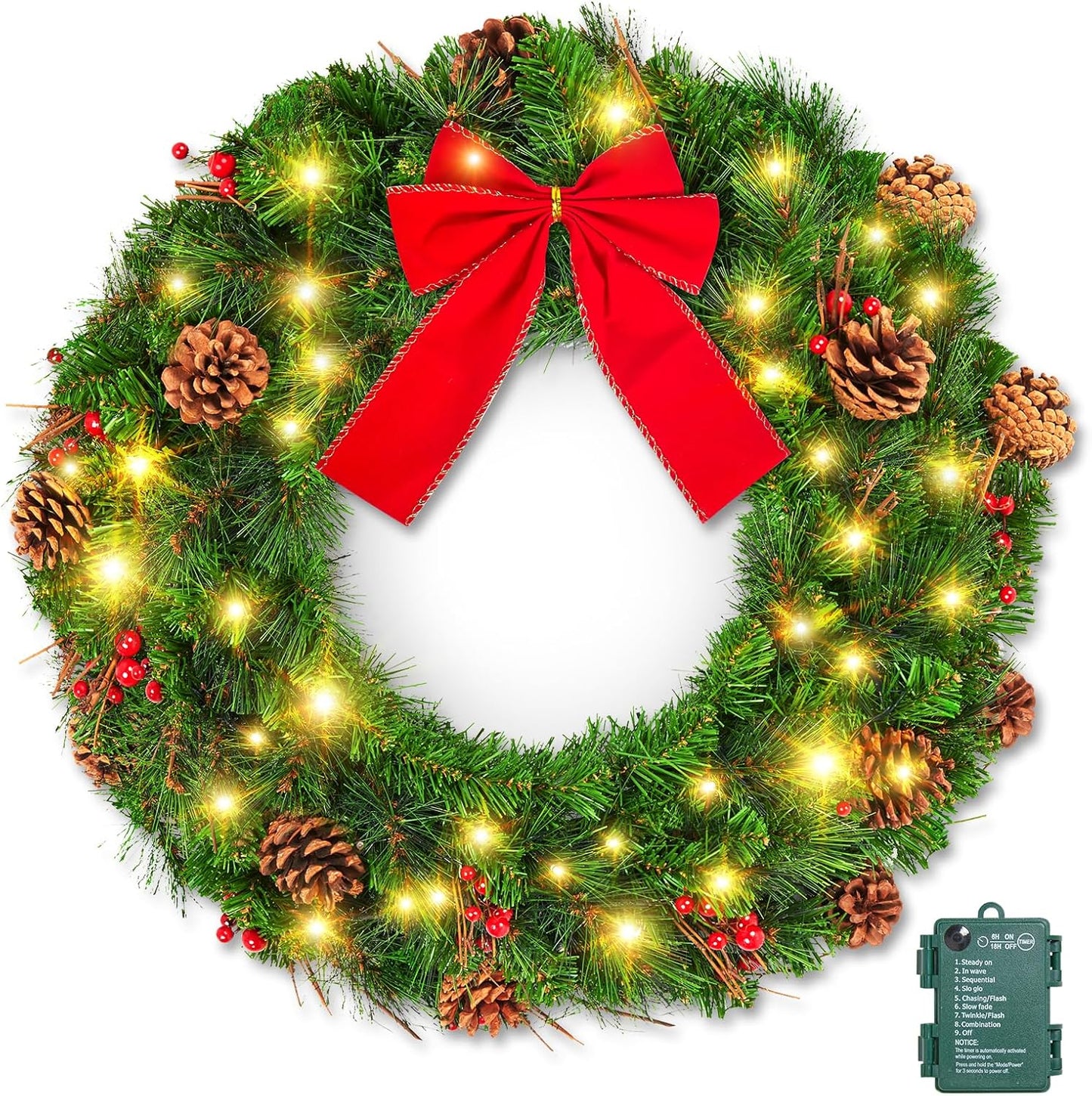 24 Inch Pre-Lit Christmas Wreath with 50 LED Lights for Decor