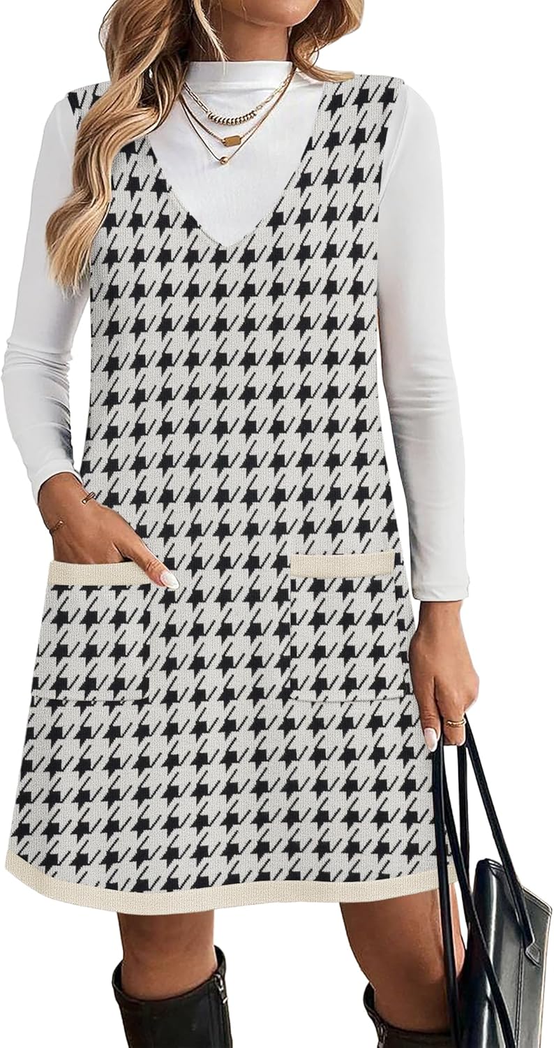 Stylish Sweater Vest Dress for Women with Pockets and V Neck