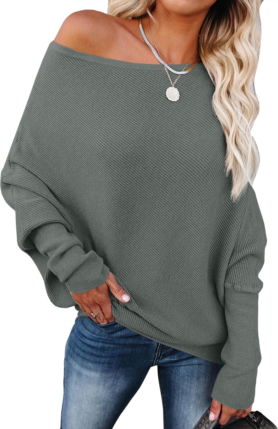 Womens Off Shoulder Sweaters for Fall - Loose Fit Knit Tops
