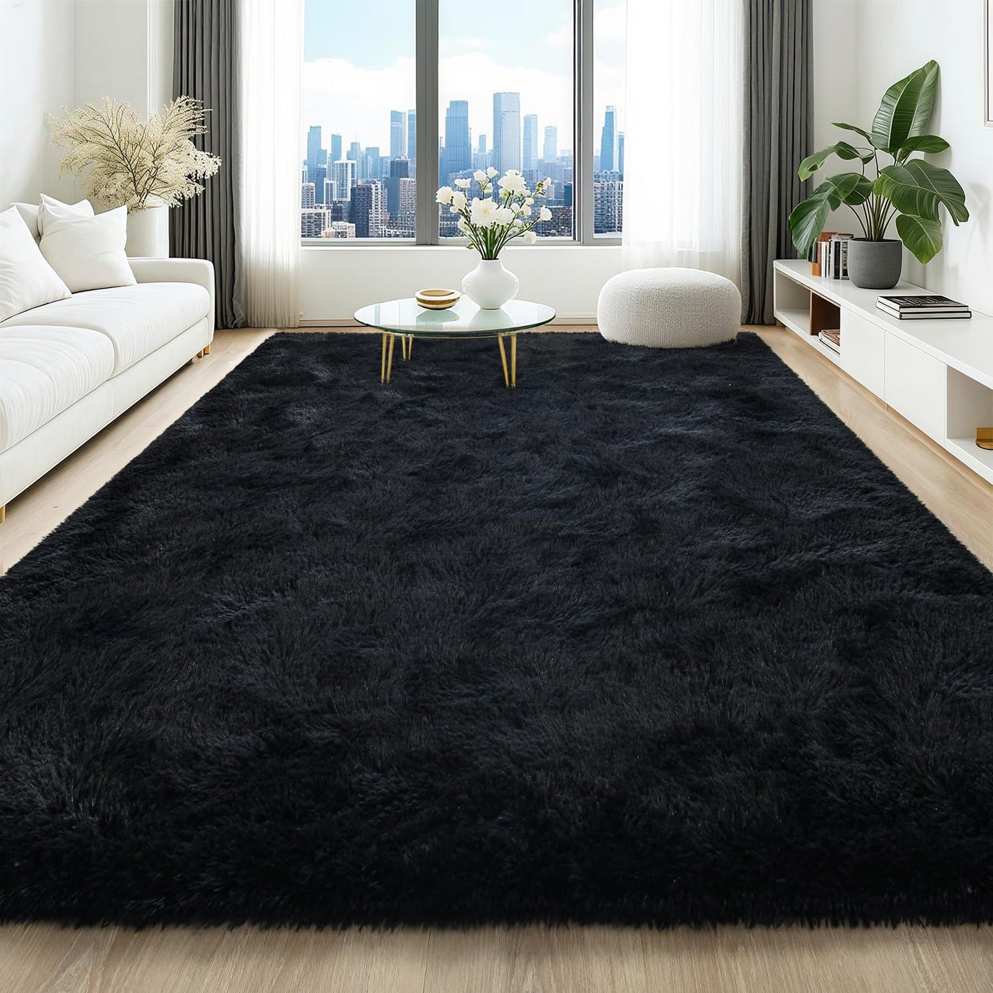 HQAYW 6x9 Fluffy Black Area Rugs for Living Room and Bedroom
