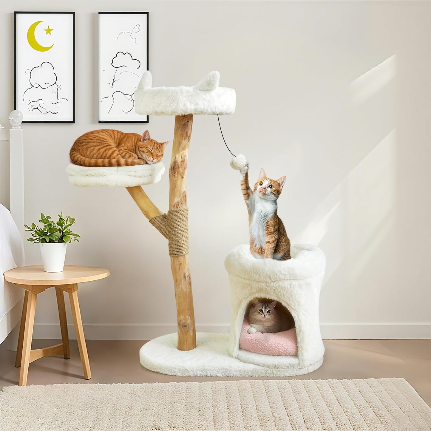 Real Wood Modern Cat Tower with Scratching Post and Flower Bed