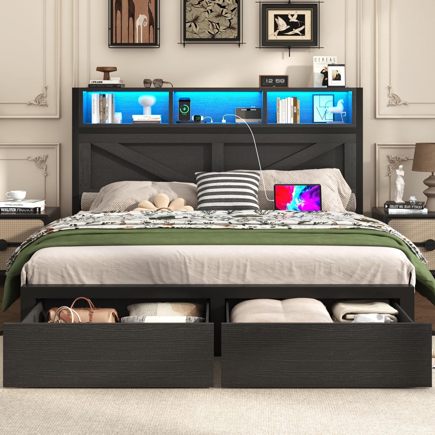 Farmhouse Queen Bed Frame with Storage and LED Light Features