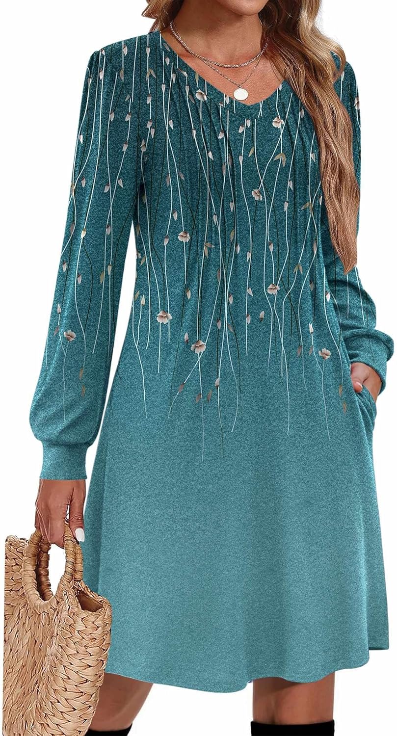 Stylish Long Sleeve Casual Pleated V Neck Dress for Women