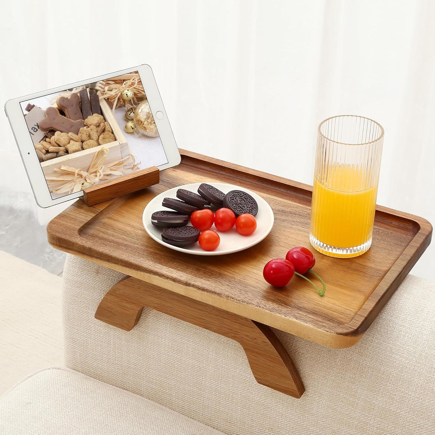 SINWANT Couch Arm Table: Stylish Acacia Wood Sofa Tray