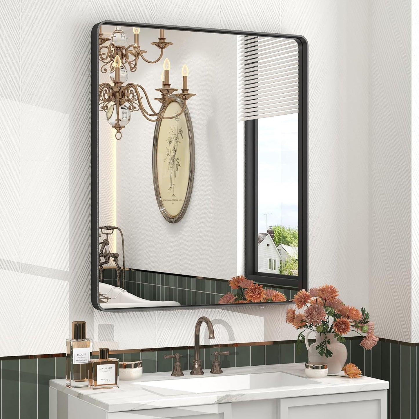 28x32 Inch Black Metal Framed Bathroom Mirror for Wall Decor