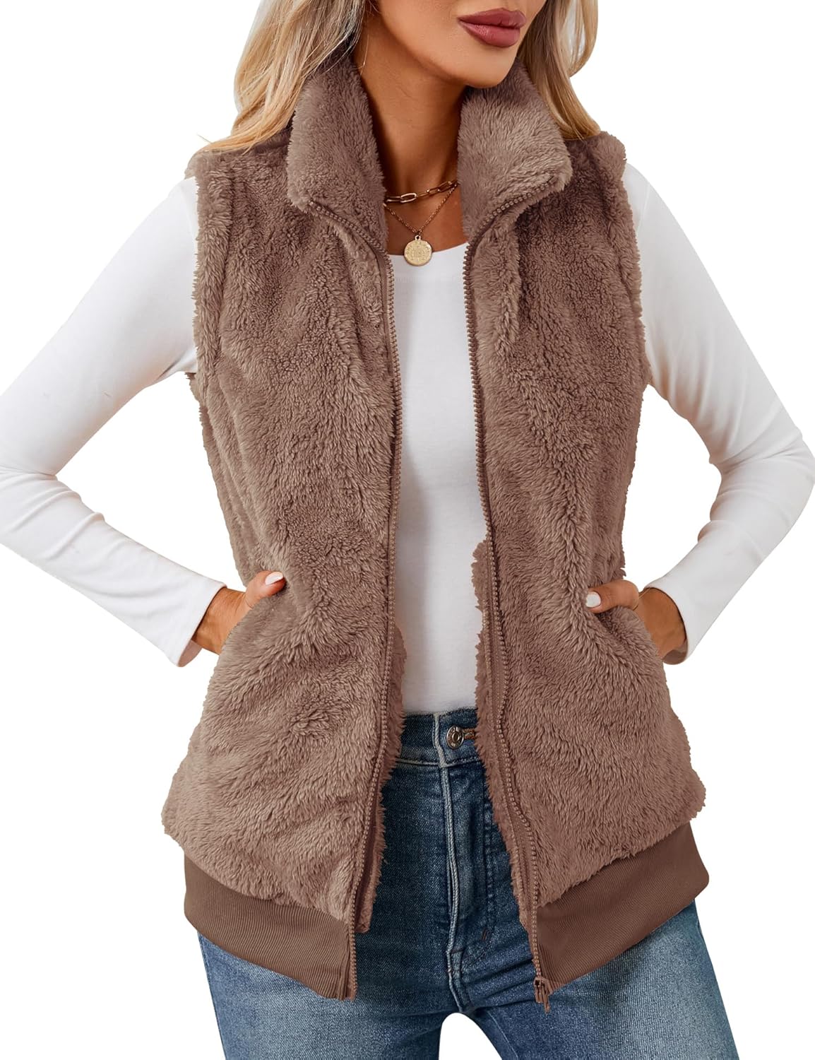 LOMON Womens Fuzzy Fleece Vest for Cozy Fall and Winter Wear