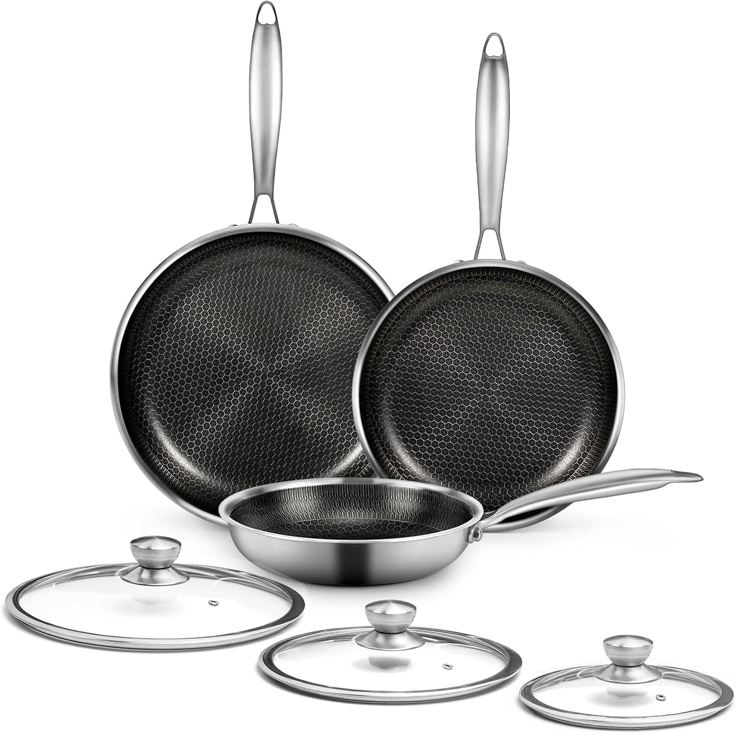 6 Pieces Stainless Steel Frying Pan Set with Lids for Cooking