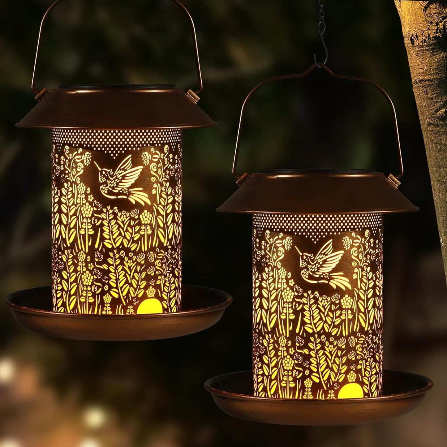 2 Pack Bird Feeders for Outdoors with Solar Lanterns Decor