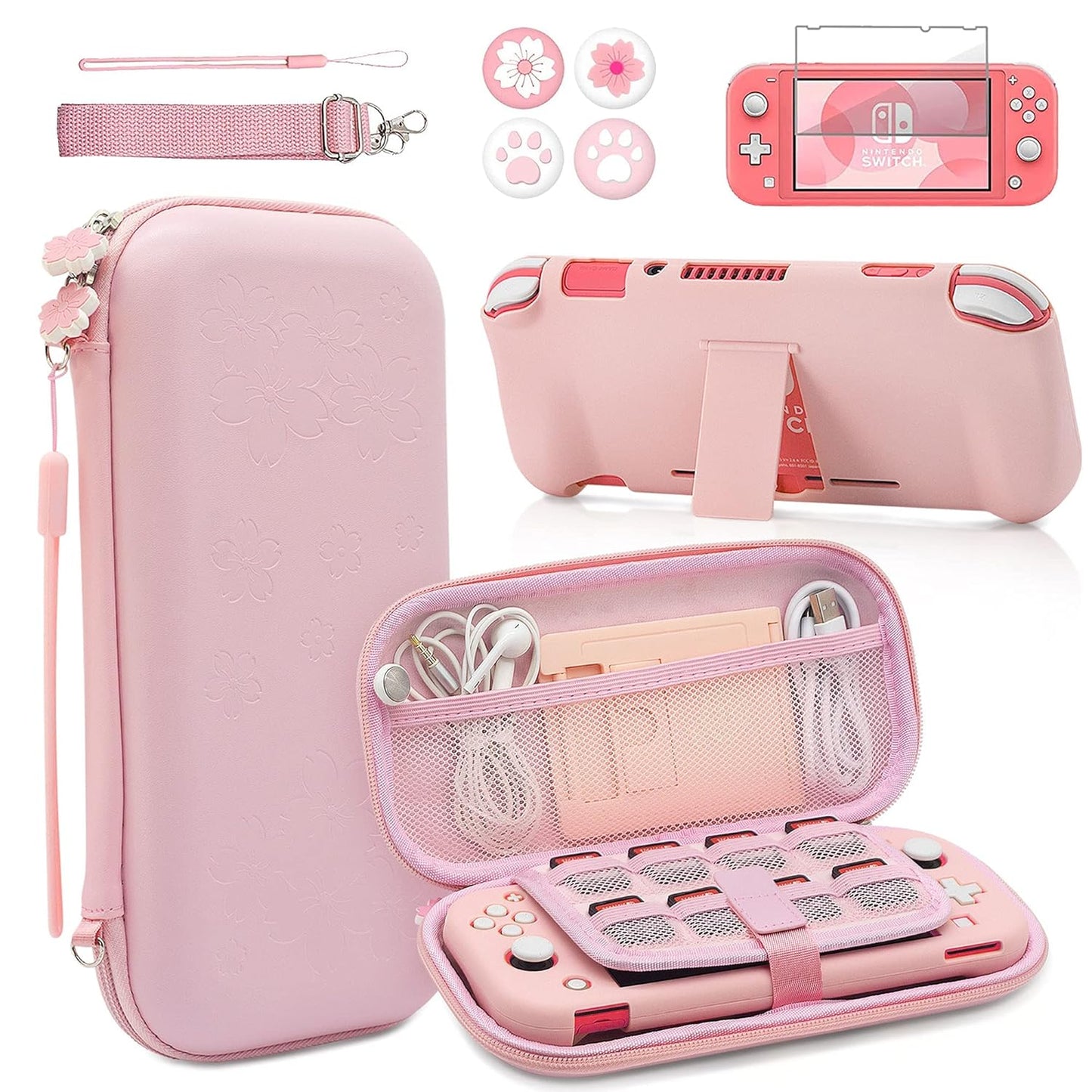 BRHE Pink Travel Carrying Case for Switch Lite - 9 in 1 Kit