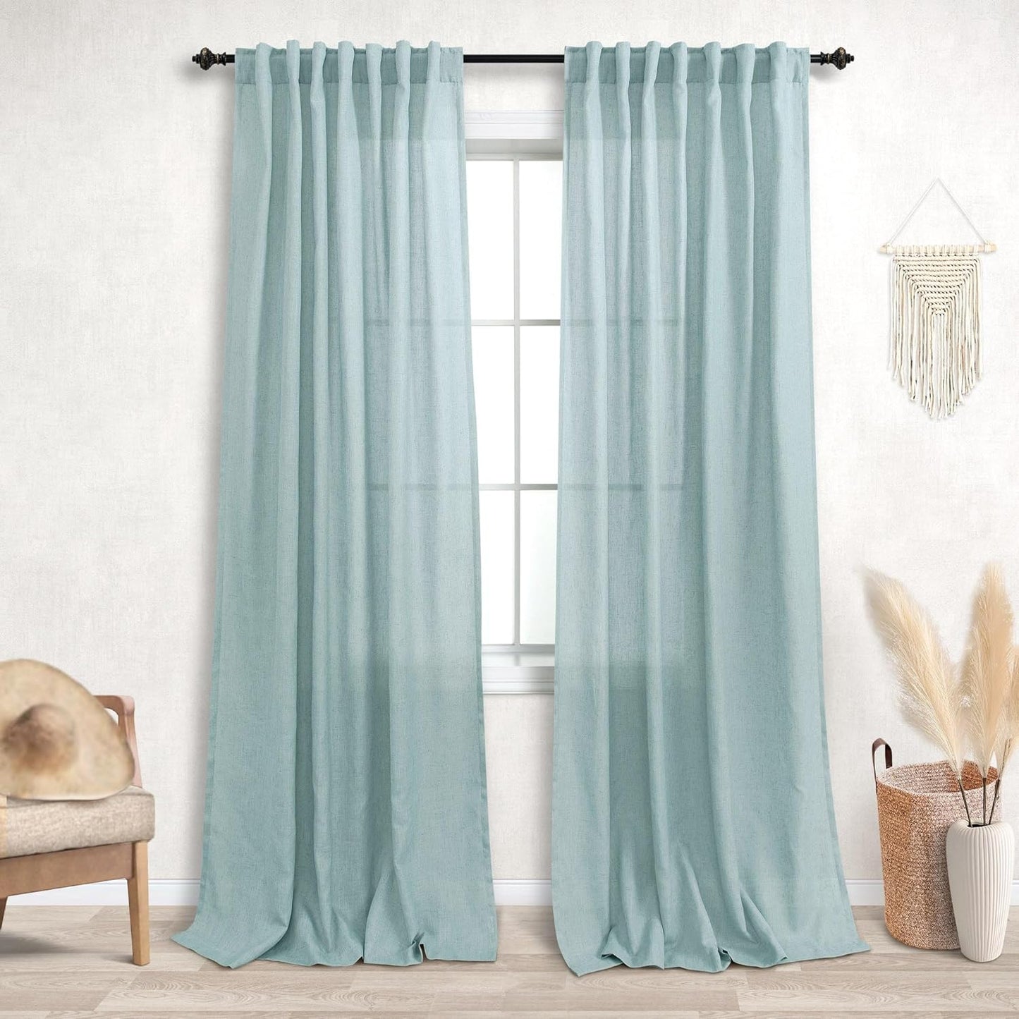 Seafoam Mint Green Linen Curtains for Coastal Farmhouse Decor