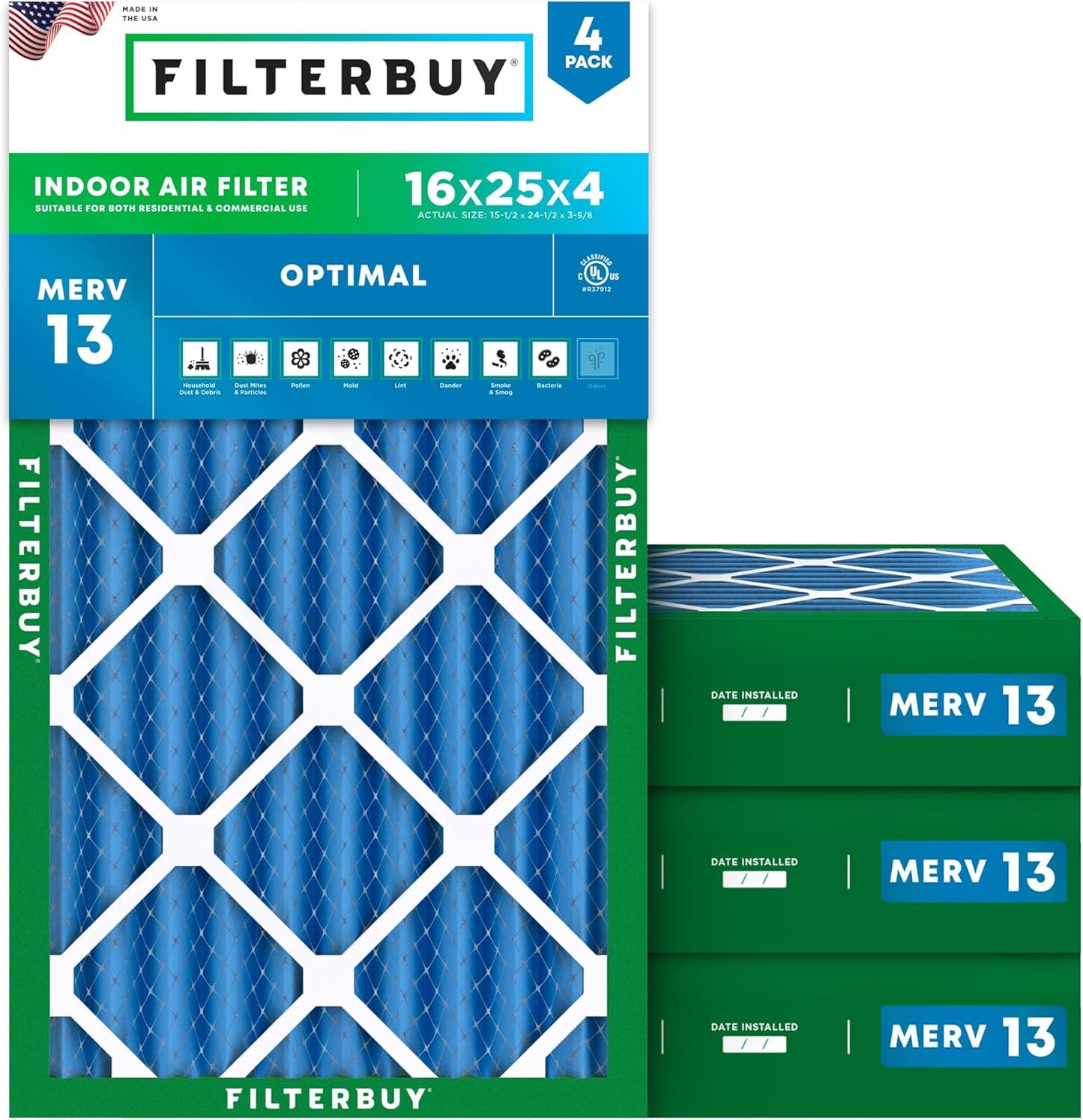 Filterbuy 16x25x4 Air Filter MERV 13 for Smoke & Allergy Defense
