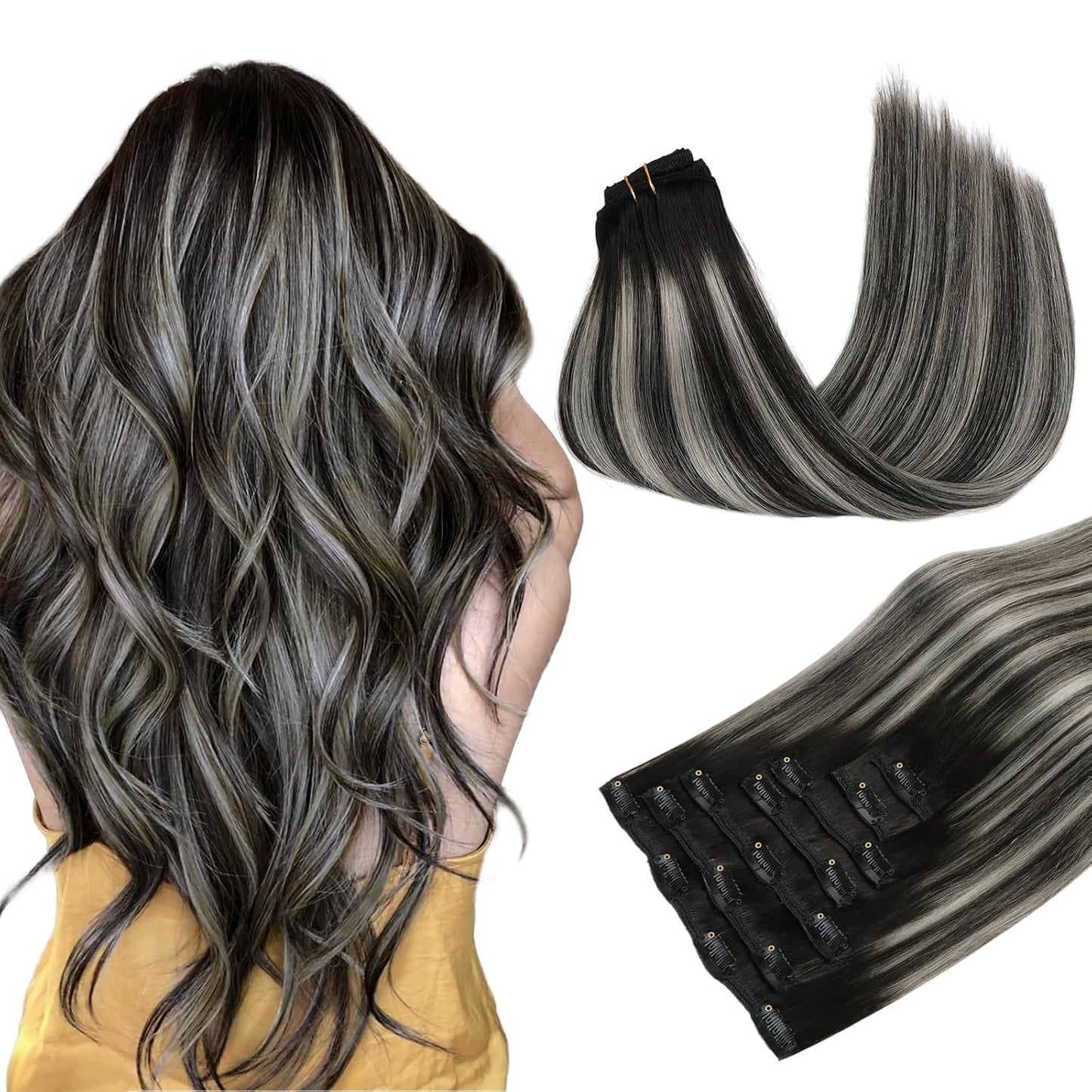 MAXITA Clip in Hair Extensions for Natural Black and Silver Styles