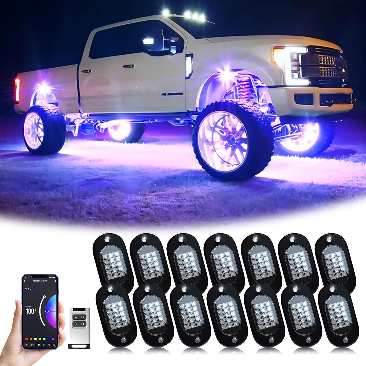 YiLaie RGB LED Rock Lights for Trucks - 14 Pods with App Control