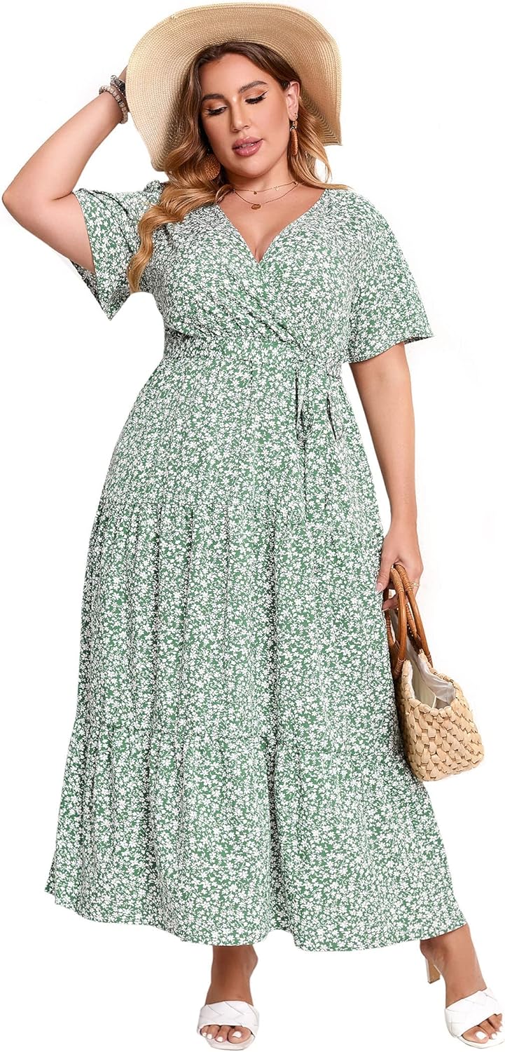 Plus Size V Neck Wrap Maxi Dress for Women by KOJOOIN