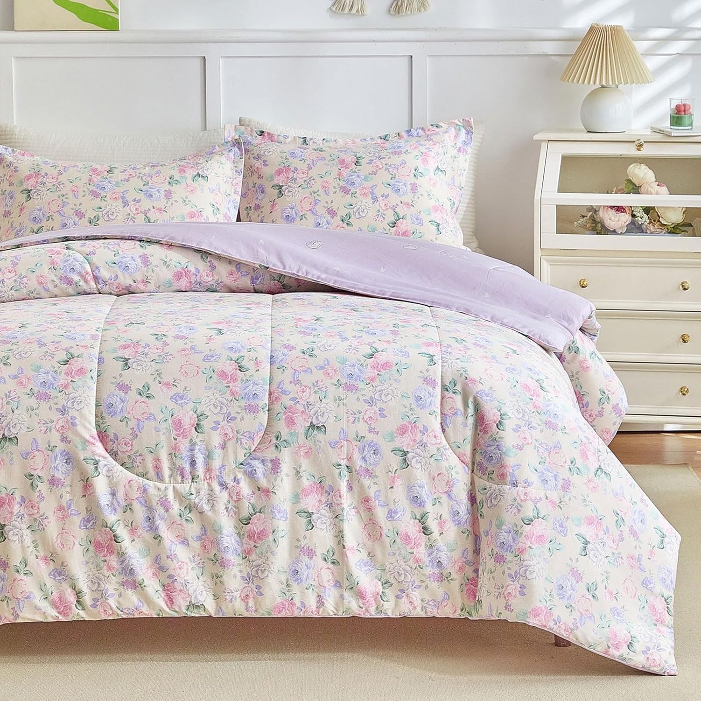 Joyreap Floral Cotton Comforter Set for Girls, Queen Size Soft Bedding