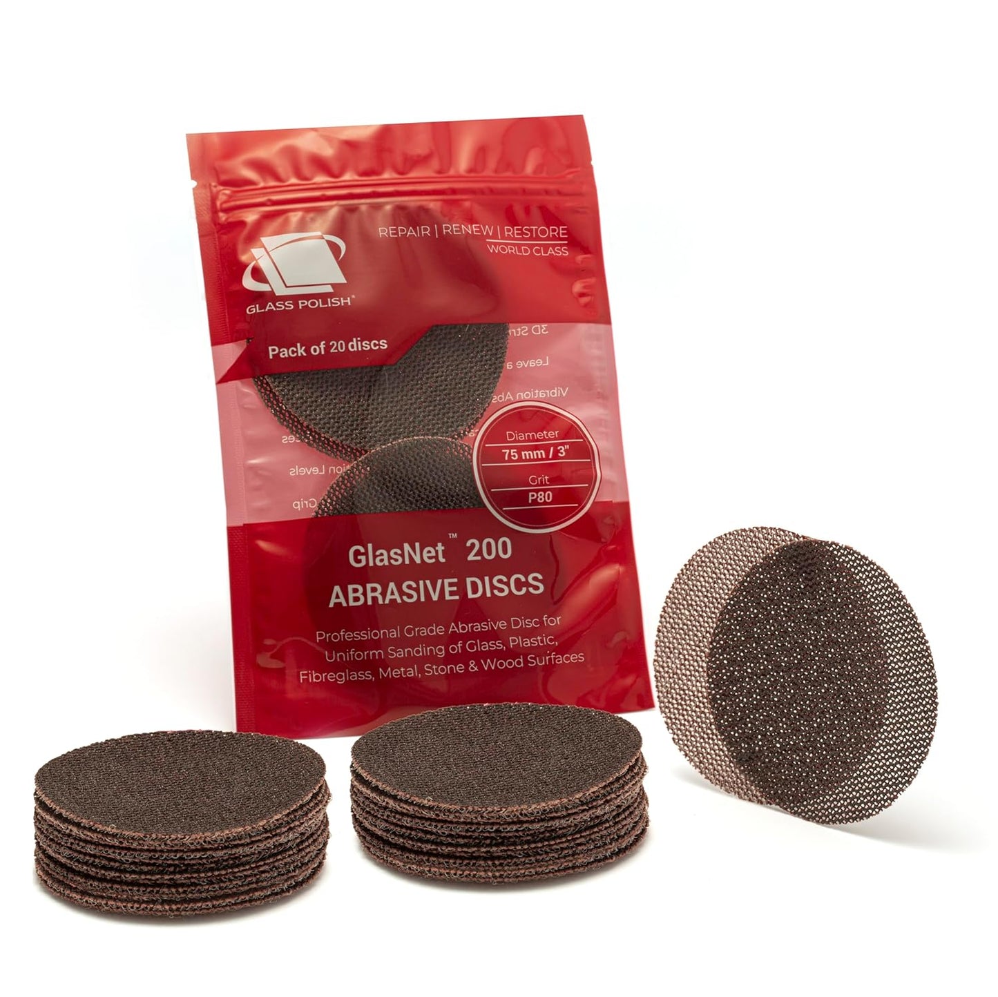 20-Pack 3 Glass Polish Sanding Discs - 80 Grit