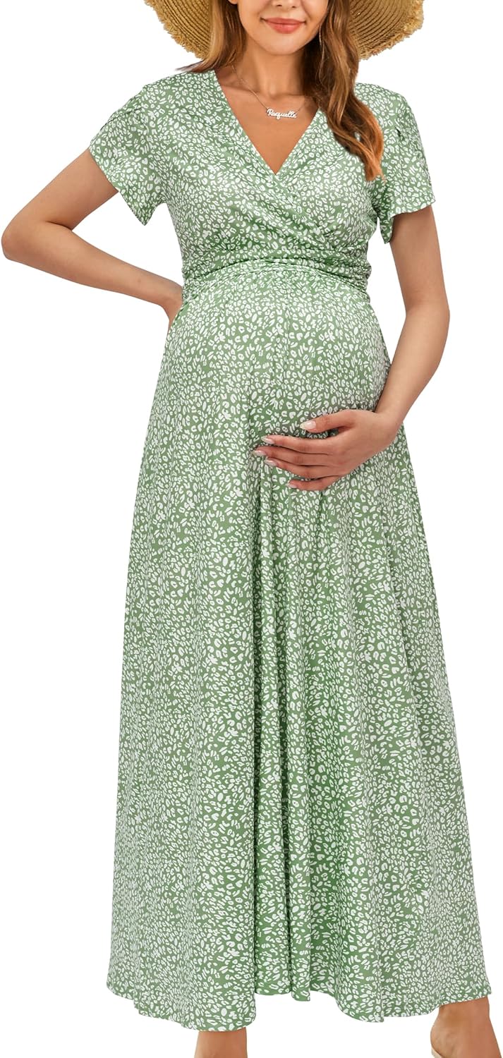 OUGES Maternity Maxi Dress Wrap V Neck for Baby Shower Events