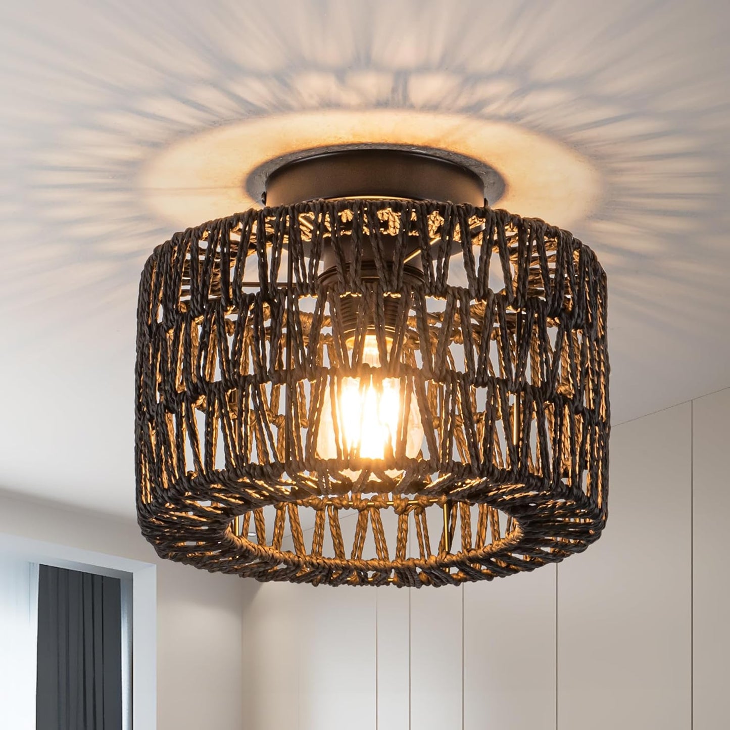 Rattan Ceiling Light Fixture for Boho Style Home Decor
