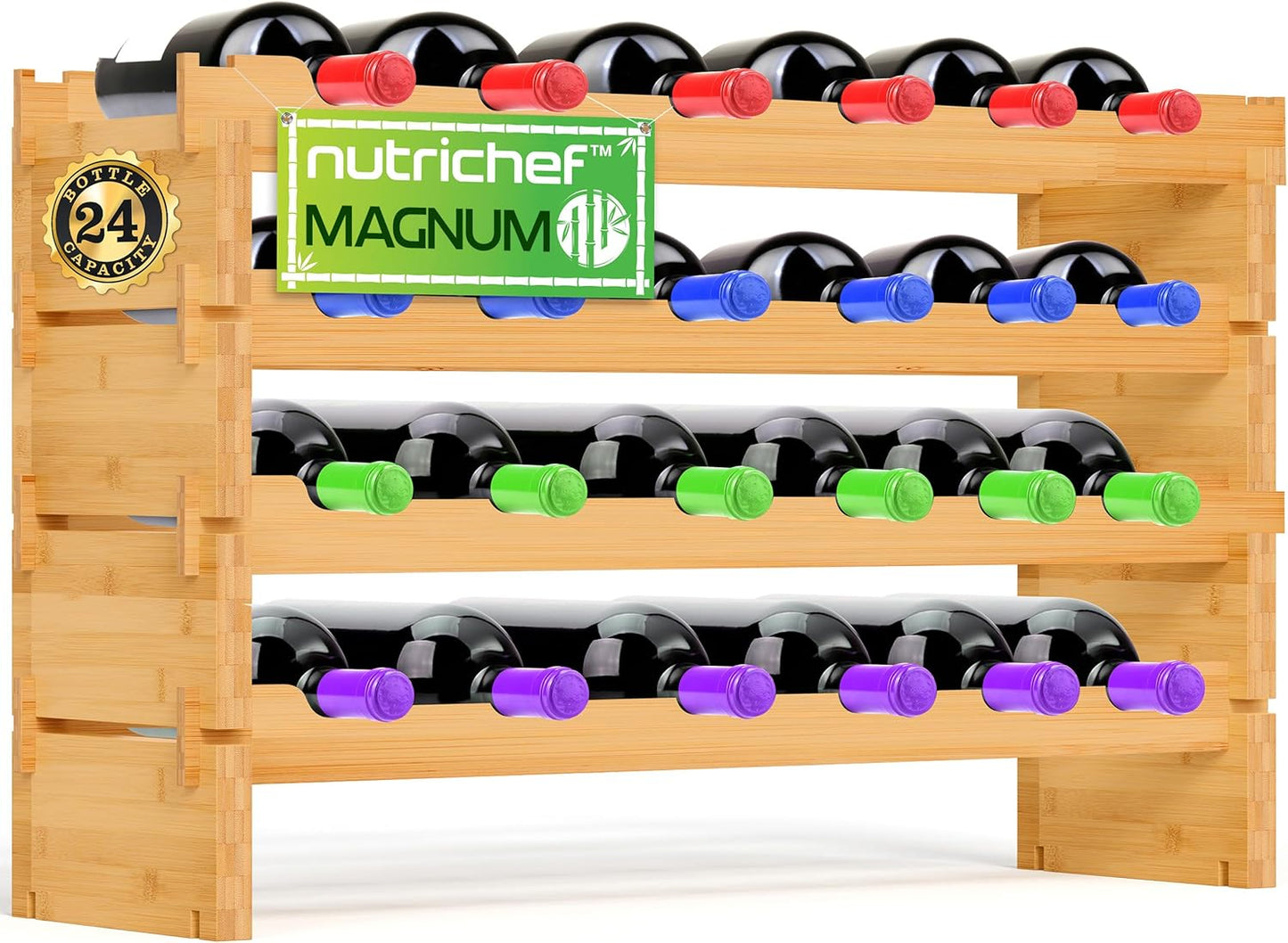 NutriChef Bamboo Modular Wine Rack for Magnum Bottles - 24 Bottle