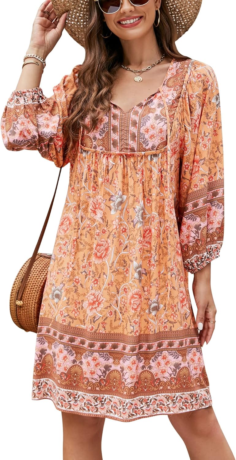 Bluetime Women Casual Summer Dress Boho V Neck Floral Print