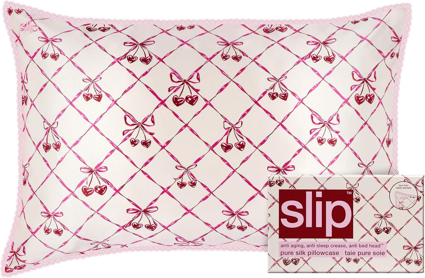 Slip Queen Silk Pillowcase with Sweet Cherry Design and Lace Trim