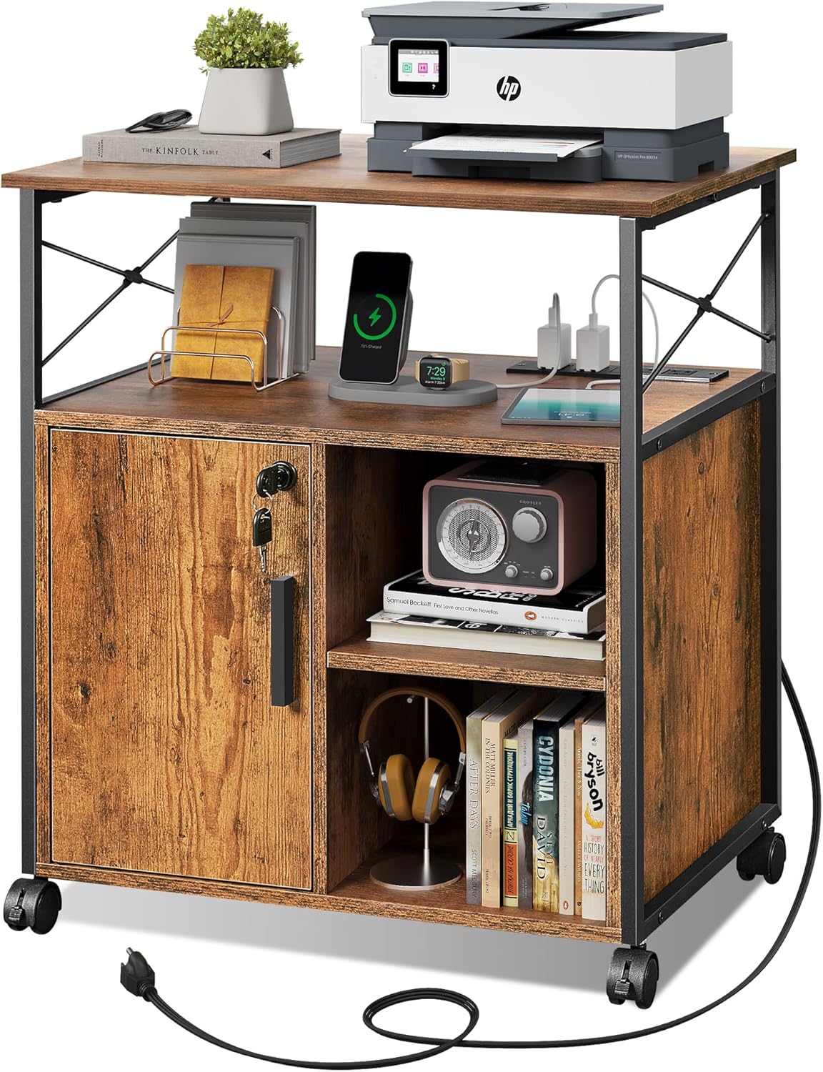 DEVAISE Rustic Brown File Cabinet: Lockable & Charging Station