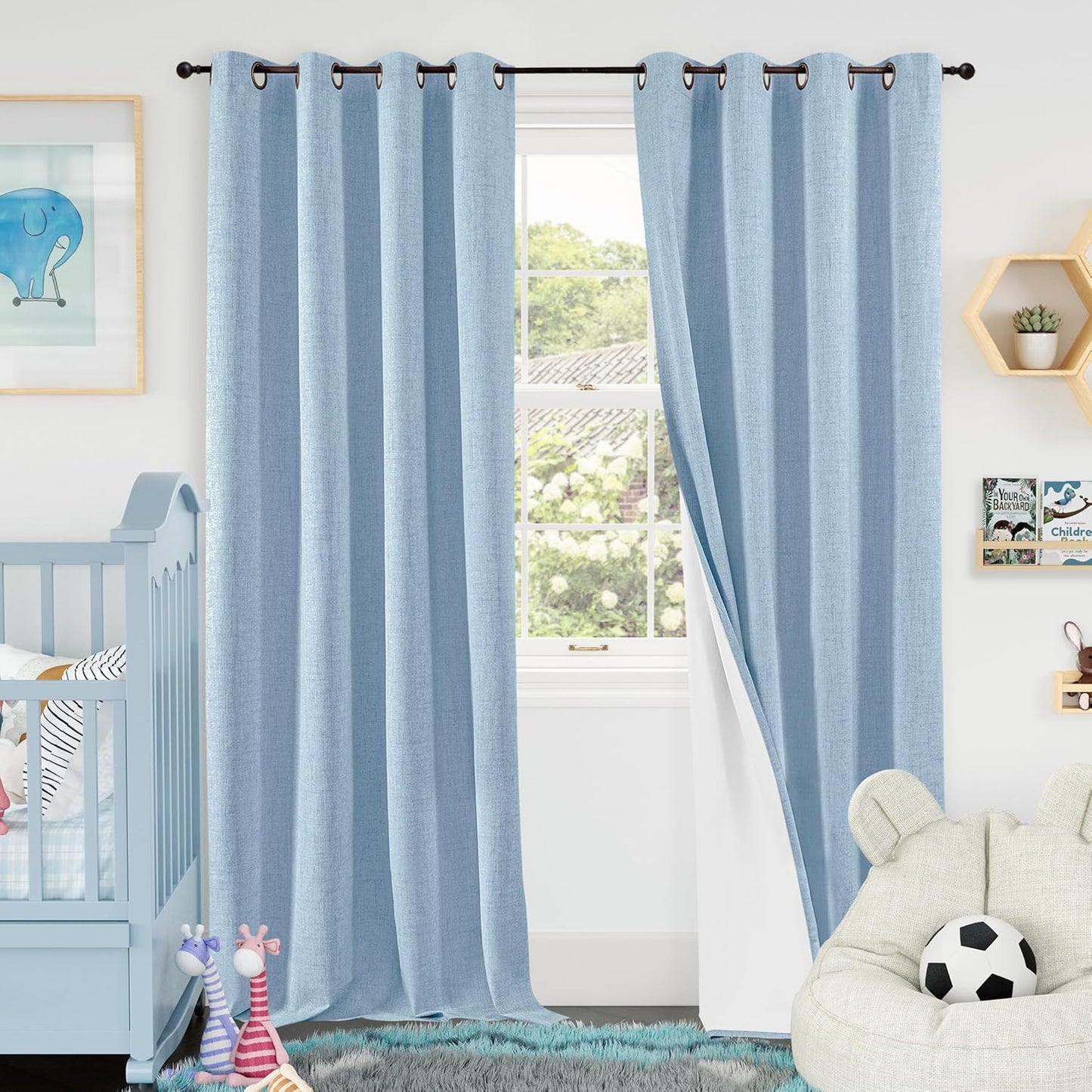 Baby Blue Linen Blackout Curtains for Nursery 95 Inch Length