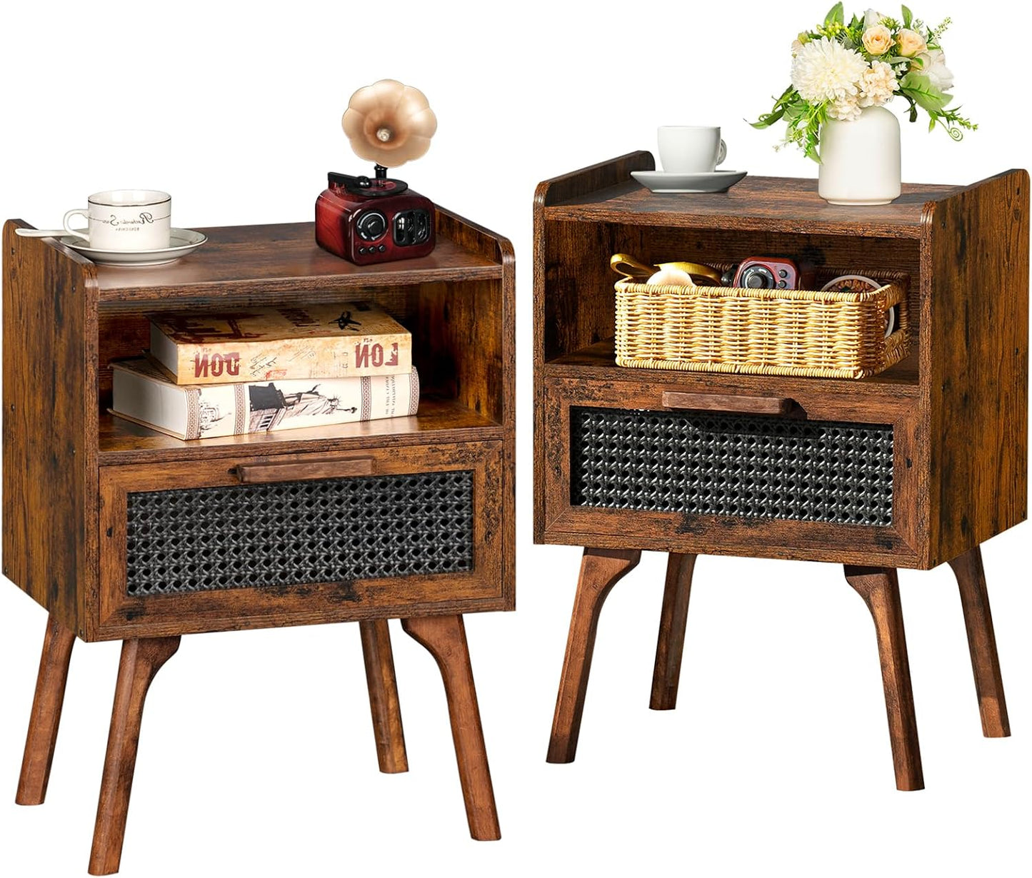Rattan Nightstands Set of 2 for Bedroom and Small Spaces