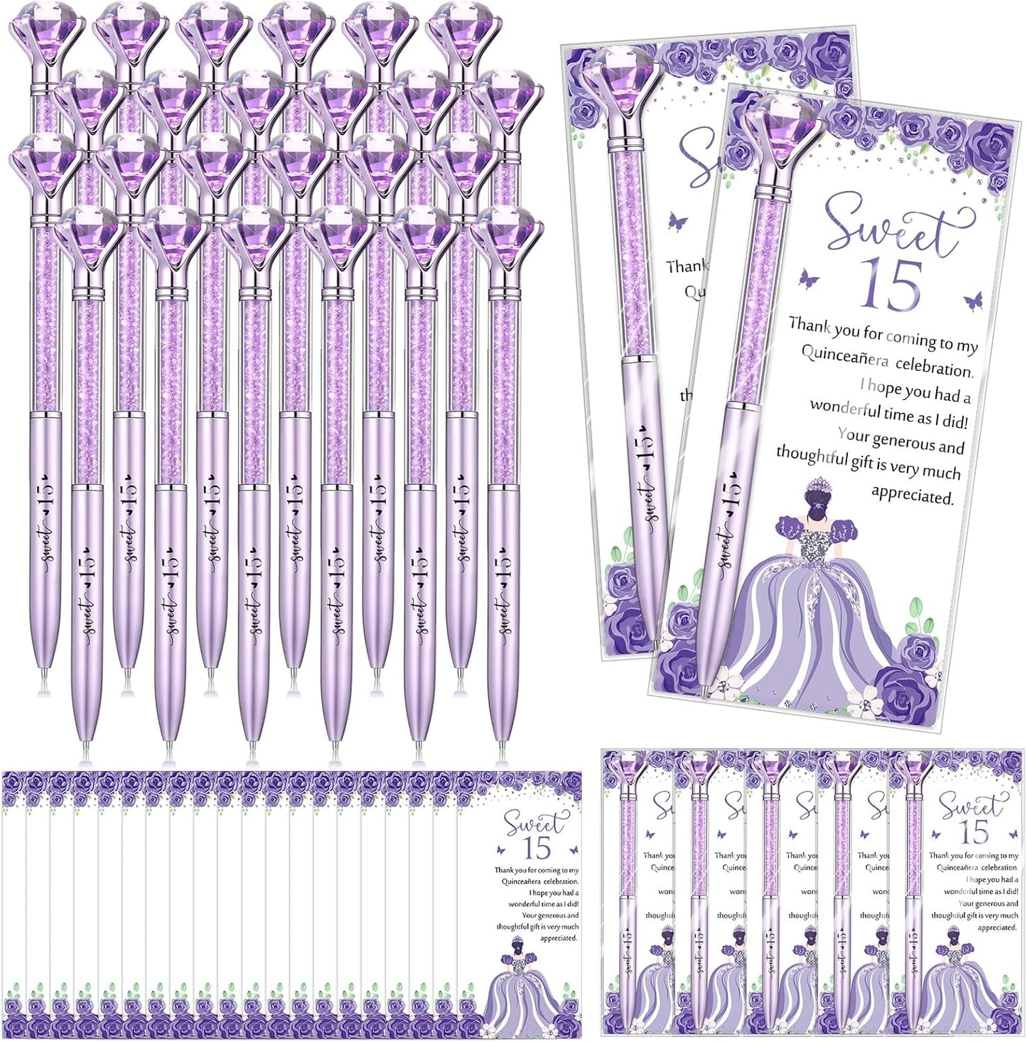 Quinceanera Party Favors with Crystal Diamond Pens and Cards