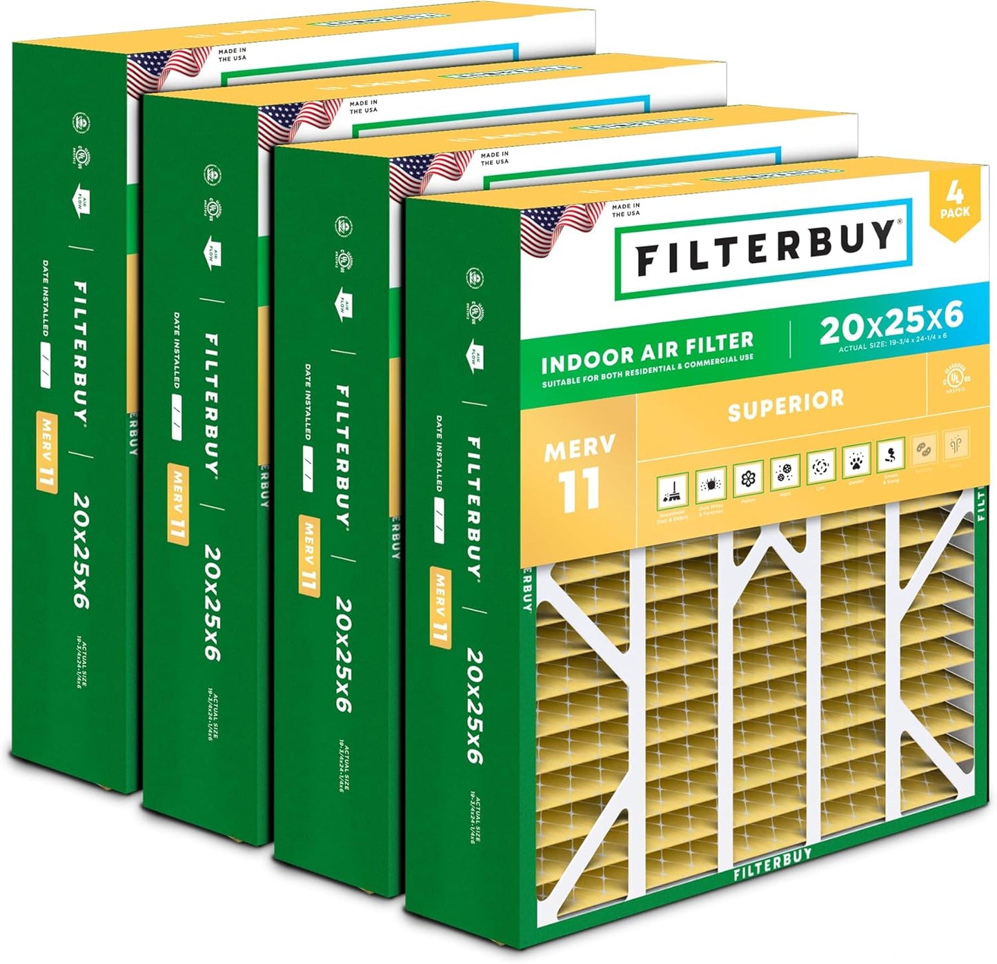 Filterbuy 20x25x6 Air Filter MERV 11 for Allergen Defense