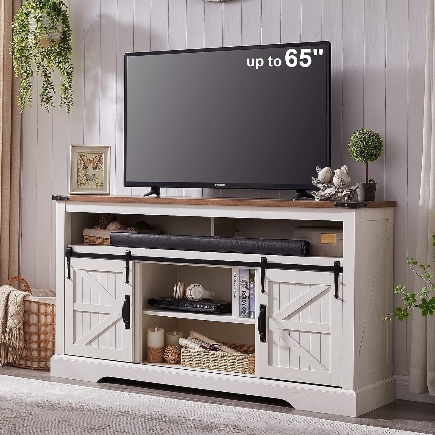 Rustic Highboy TV Stand, Sliding Barn Door, Antique White