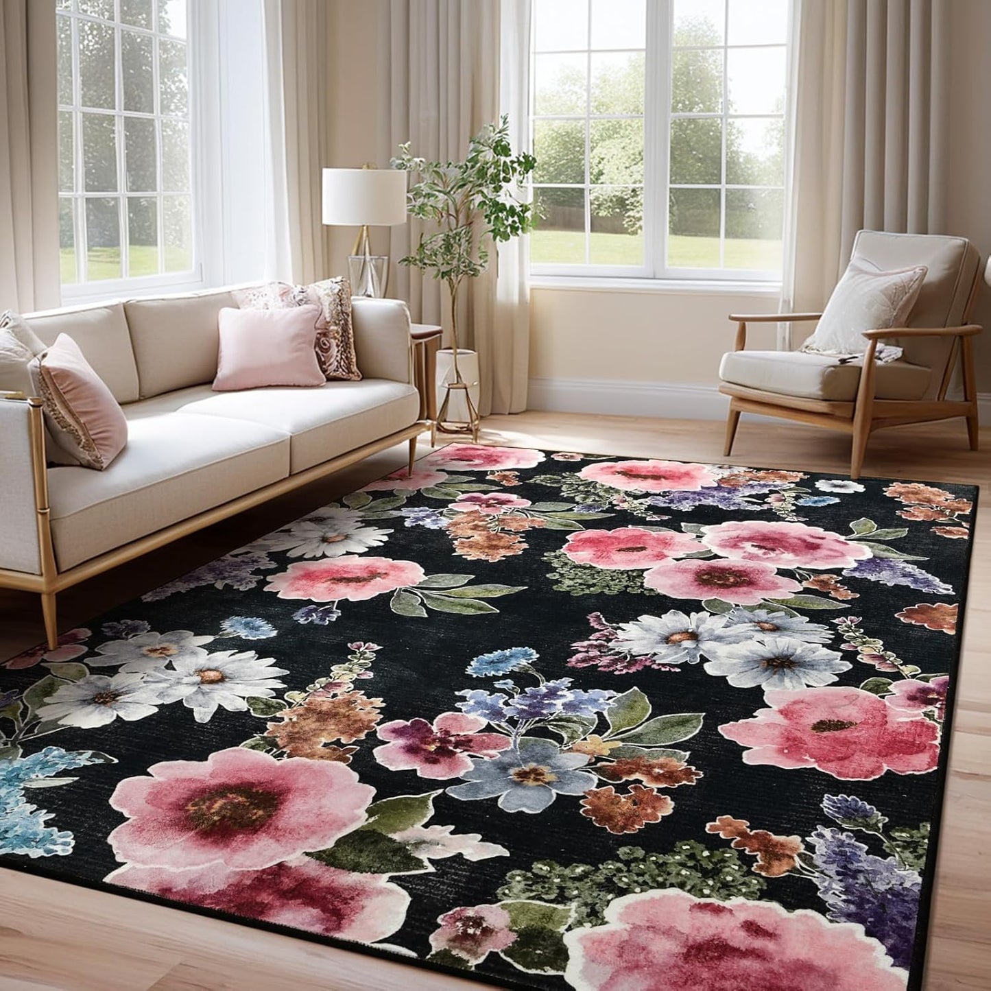 Comeet Soft Washable Floral Rug - Stain Resistant & Ultra-Thin
