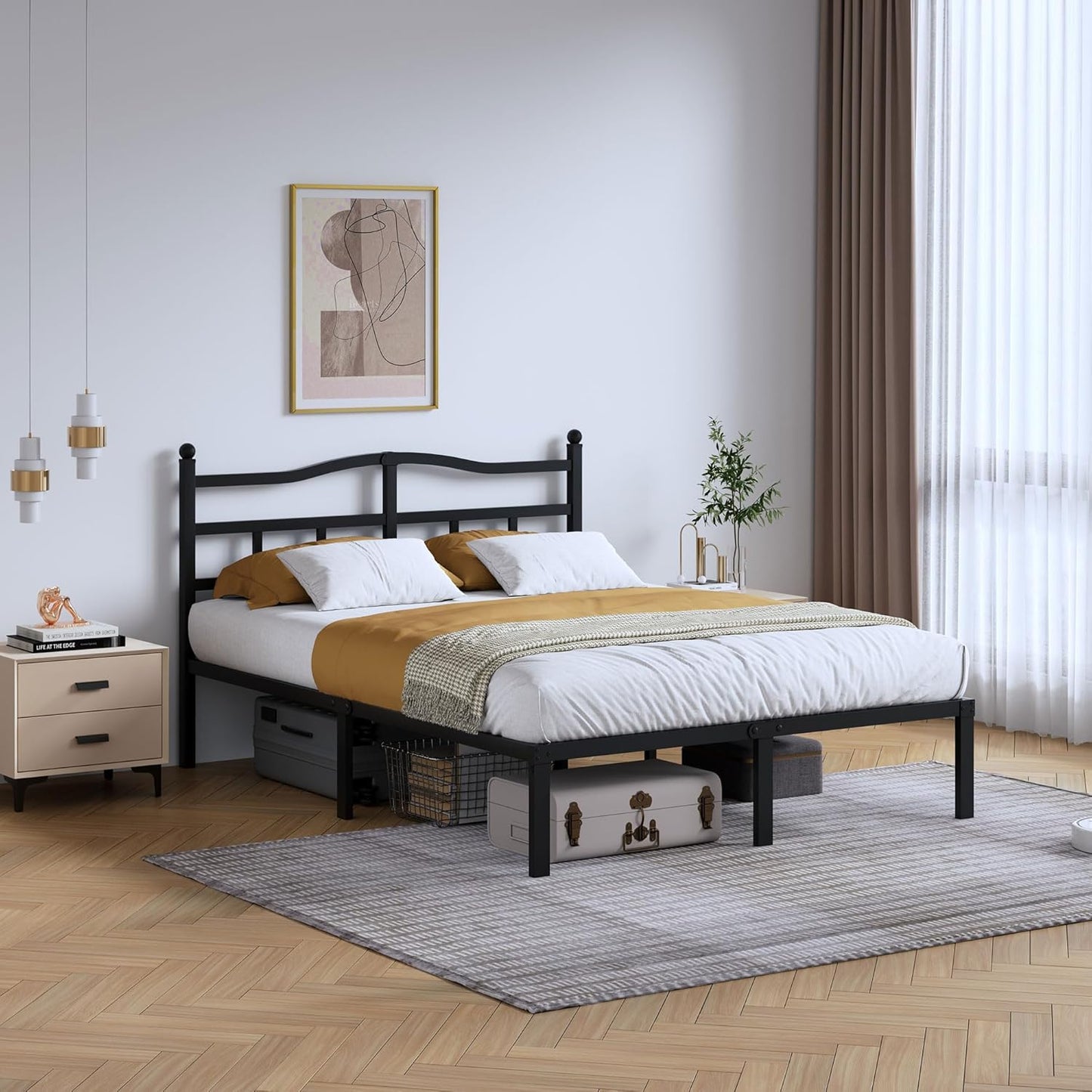 14 Inch Metal Bed Frame - Heavy Duty Queen Size Bed with Headboard