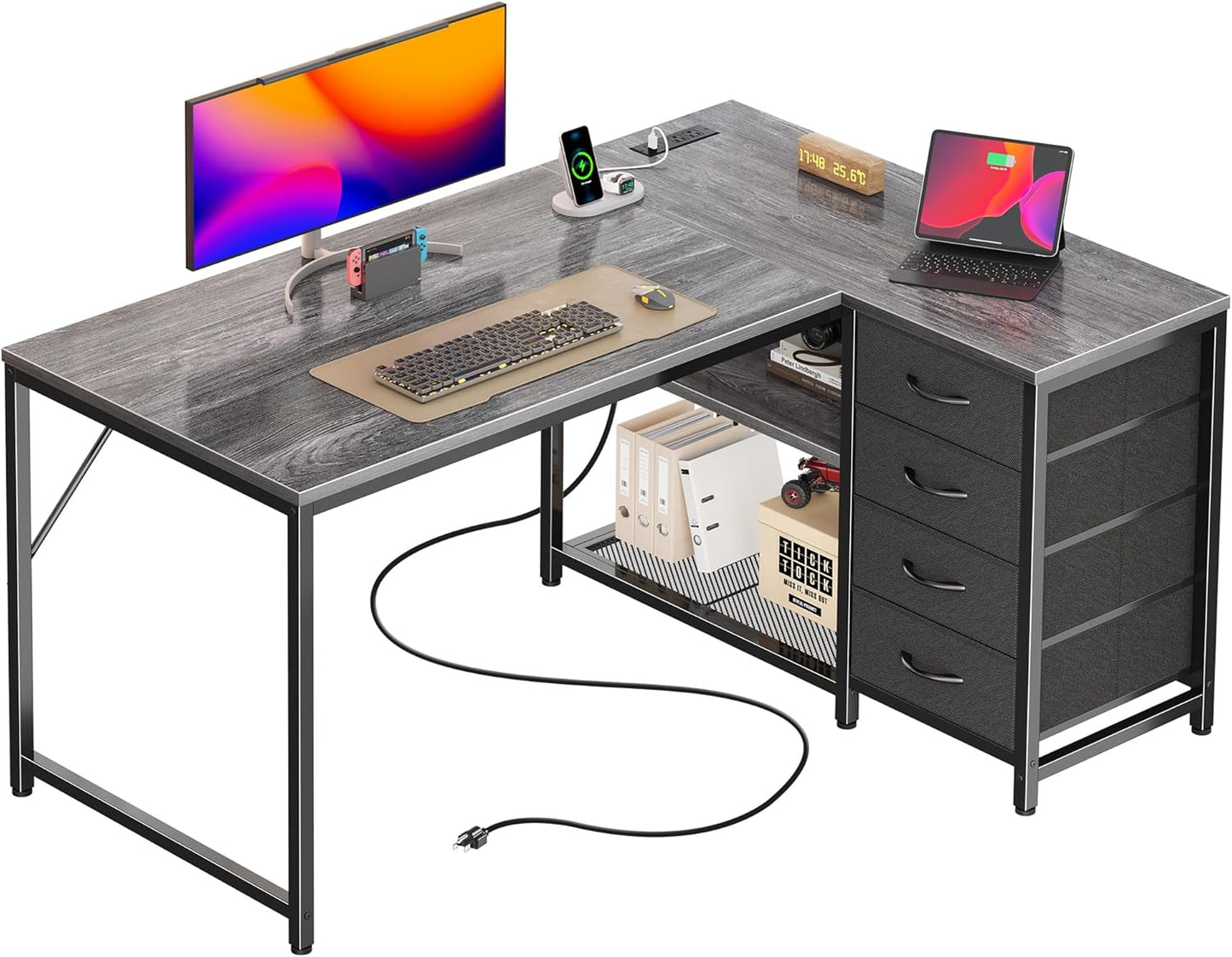 Reversible L Shaped Computer Desk with Power Outlets and USB-C