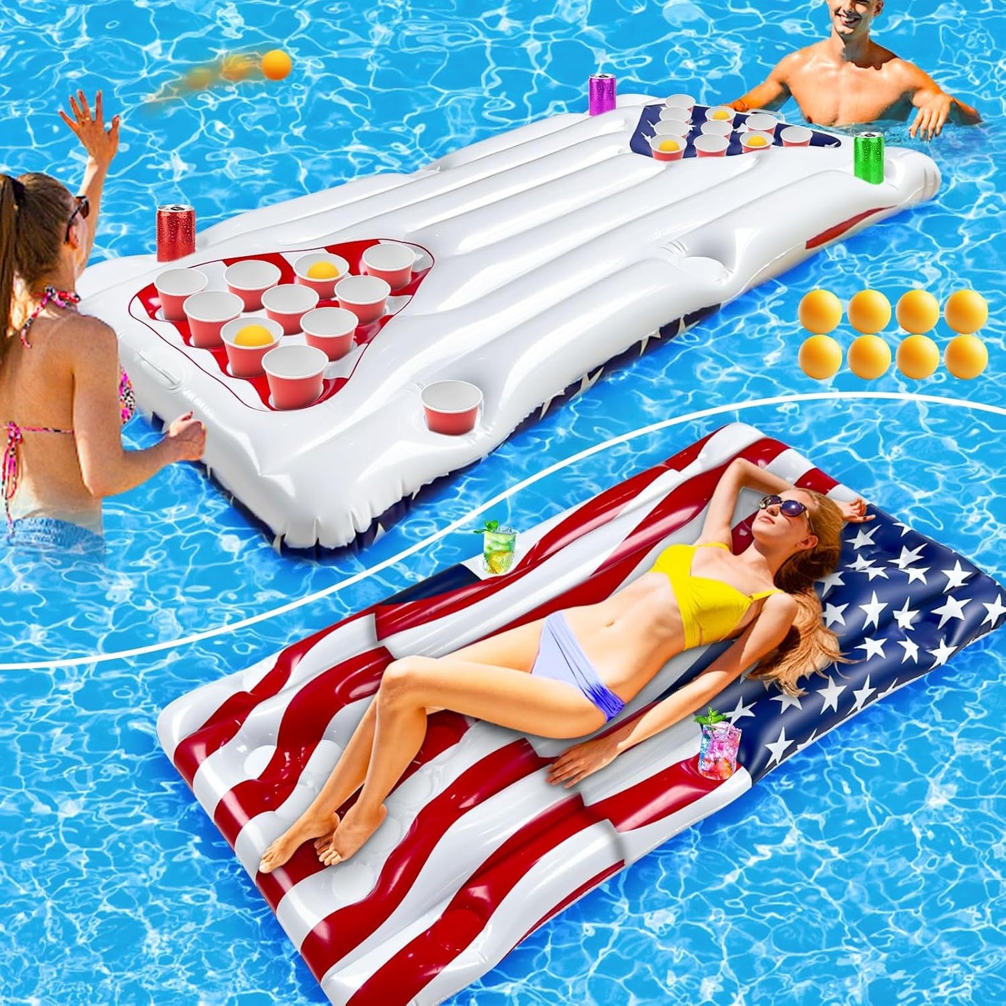 2 in 1 American Flag Pool Float & Pong Game Table for Fun