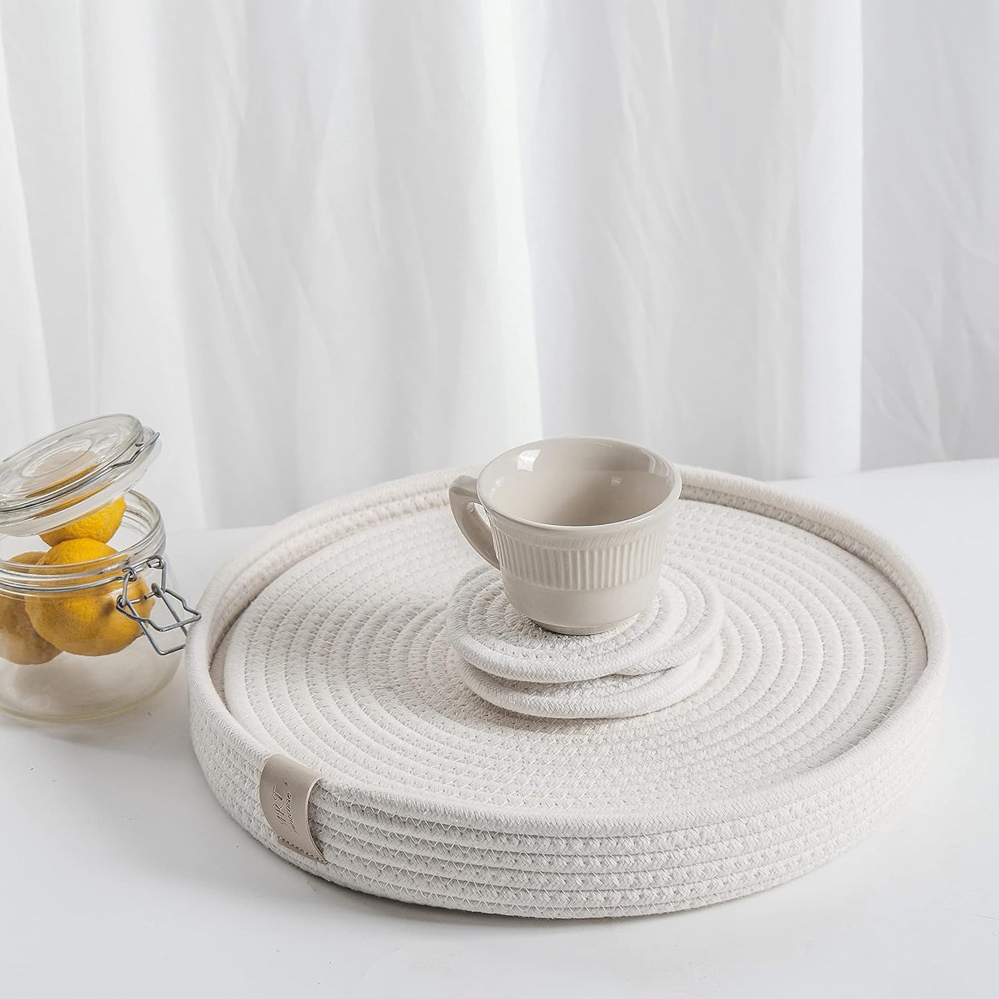 Woven Cotton Rope Round Placemats Set of 4 with Holder Included